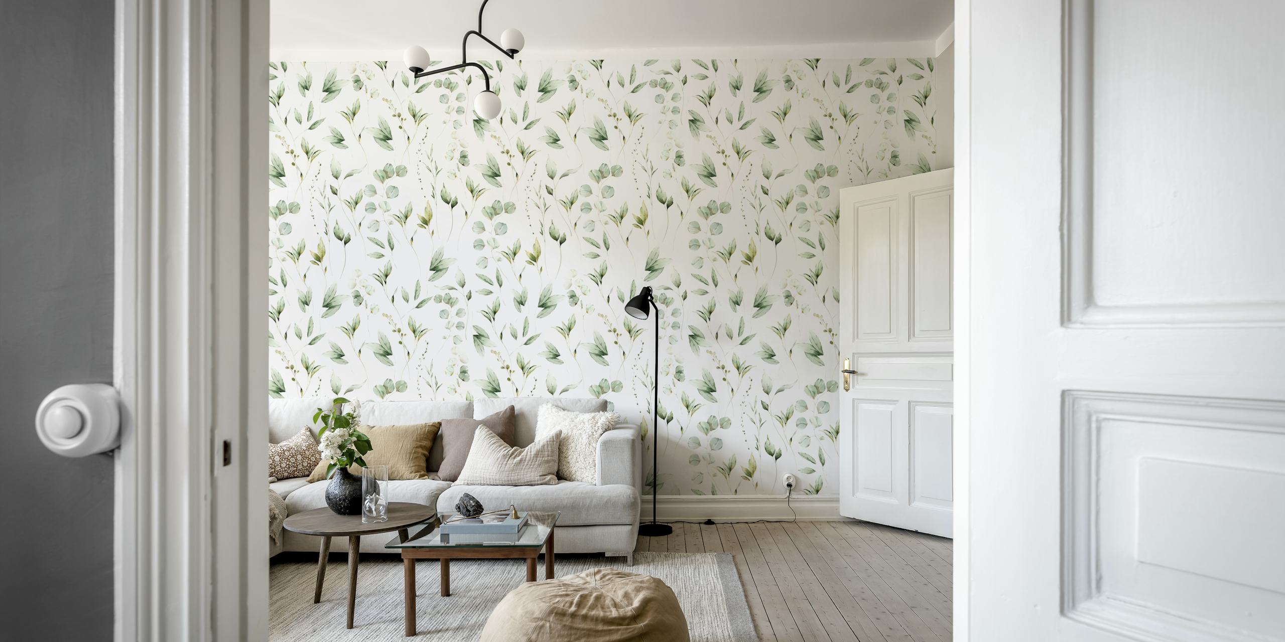 Soft Green Leaves wall mural with a seamless pattern of delicate green foliage