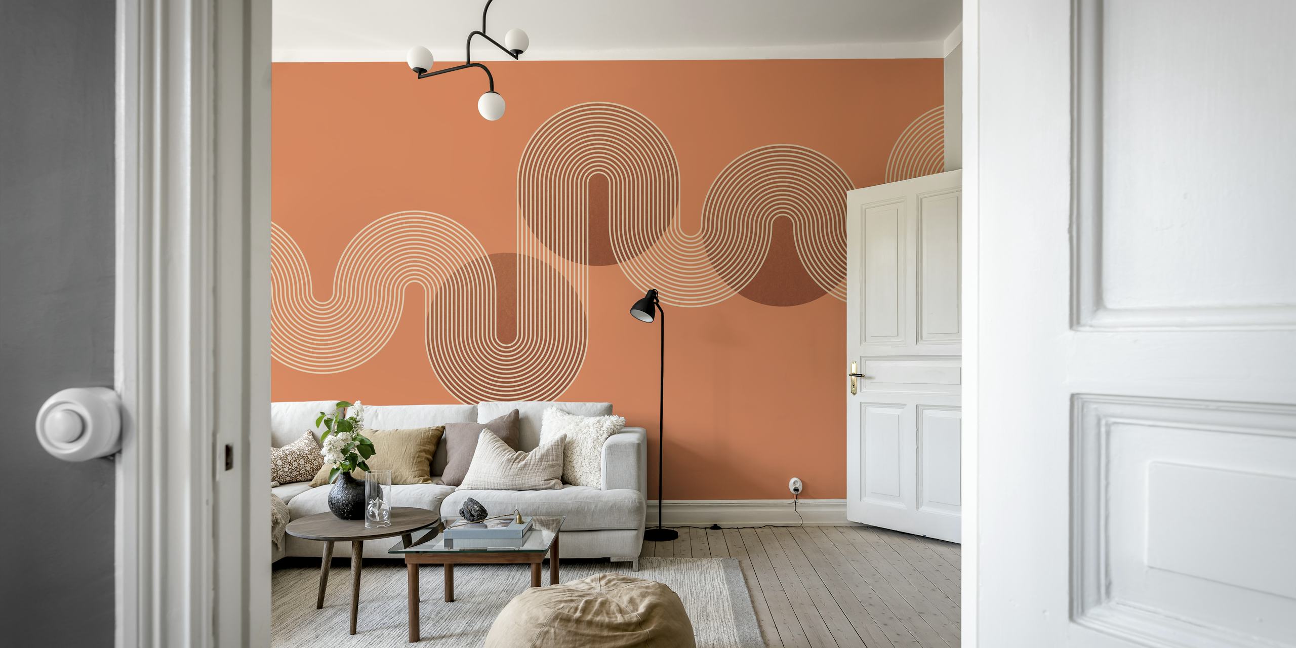 Geometric orange wallpaper with cream stripes and curves