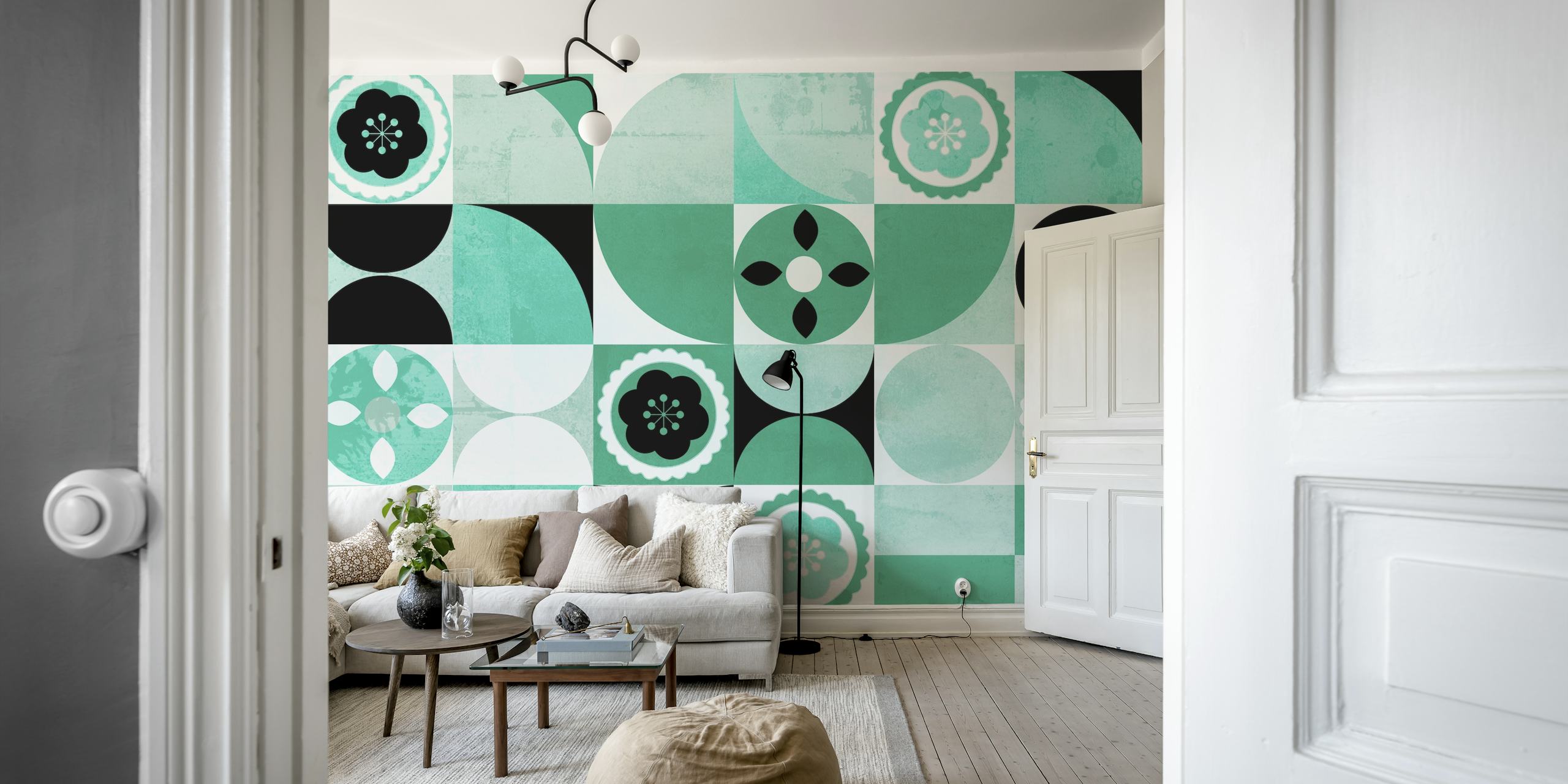 Geometric mint green and black wallpaper with floral motifs