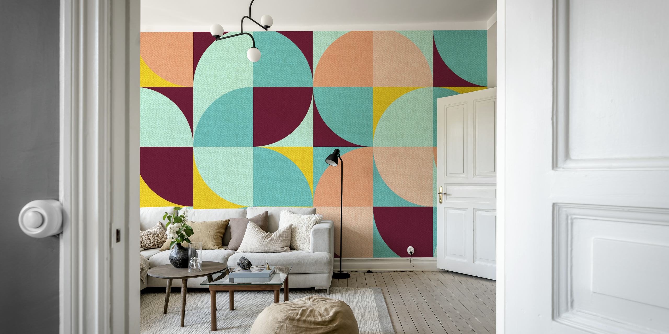 Colorful geometric patterns in pink, teal, yellow, and burgundy wallpaper