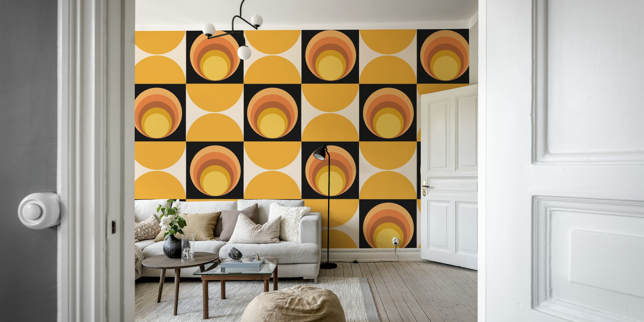 Geometric Retro Sun Pattern in orange and black wallpaper