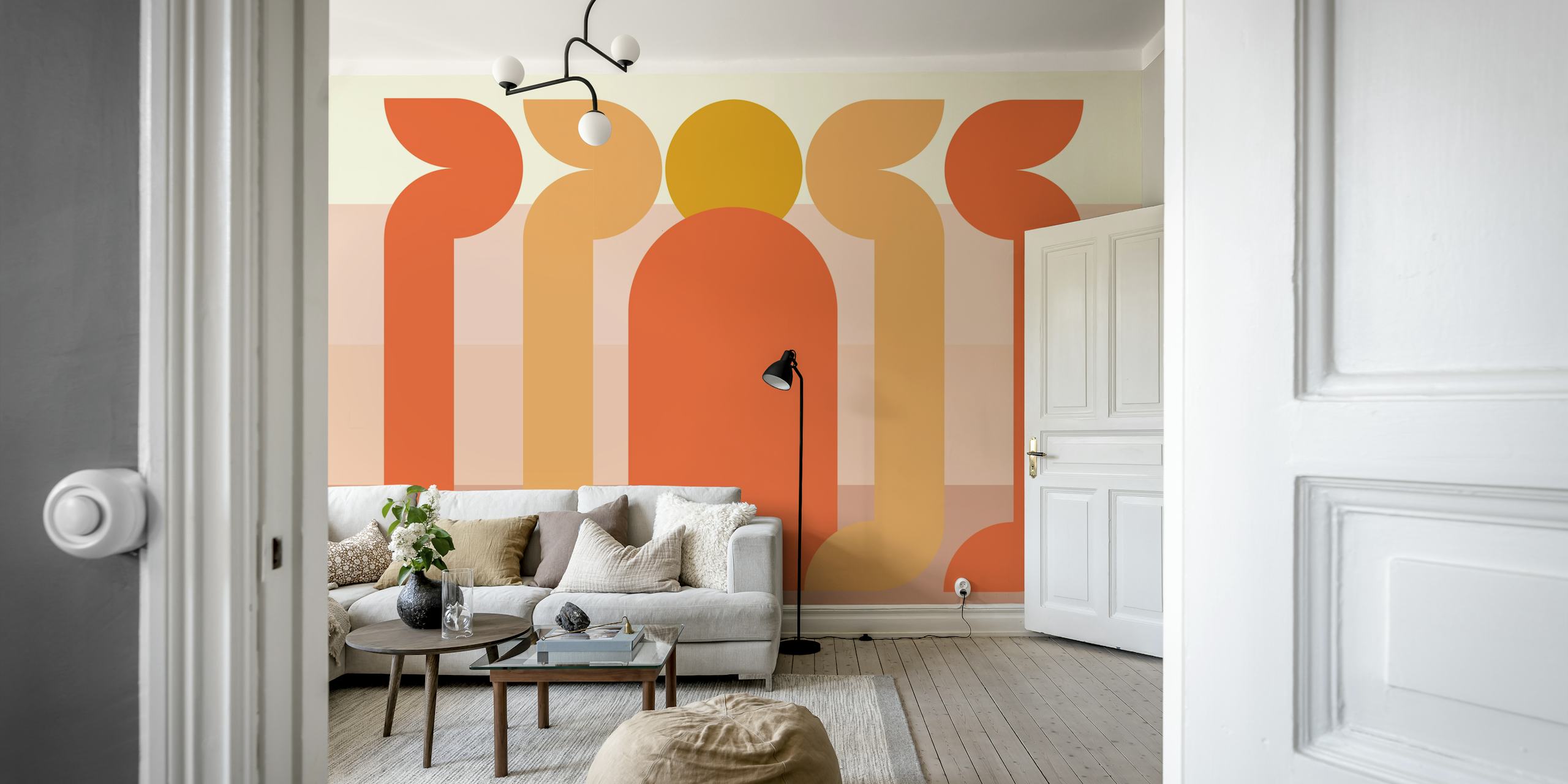 Design de papel de parede Retro Sun Abstract em um quarto