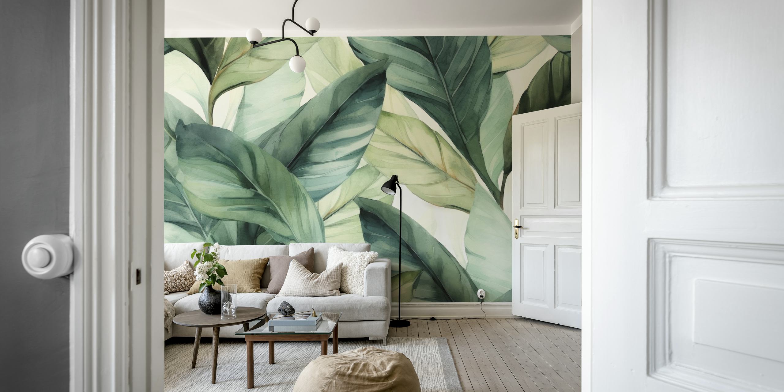 Tropical green leaf design on wallpaper with a watercolor style