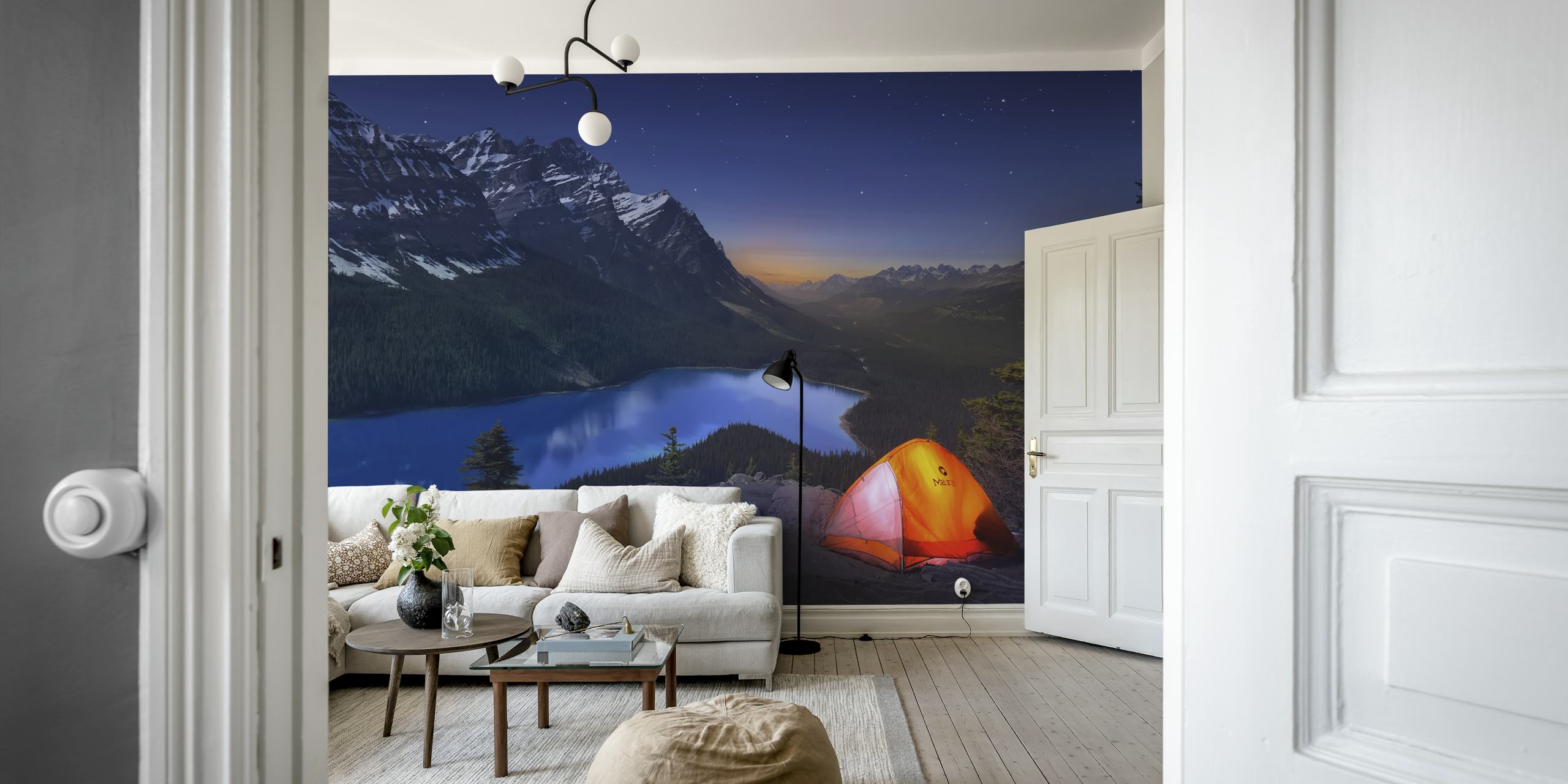 Night sky with stars and a glowing tent wallpaper