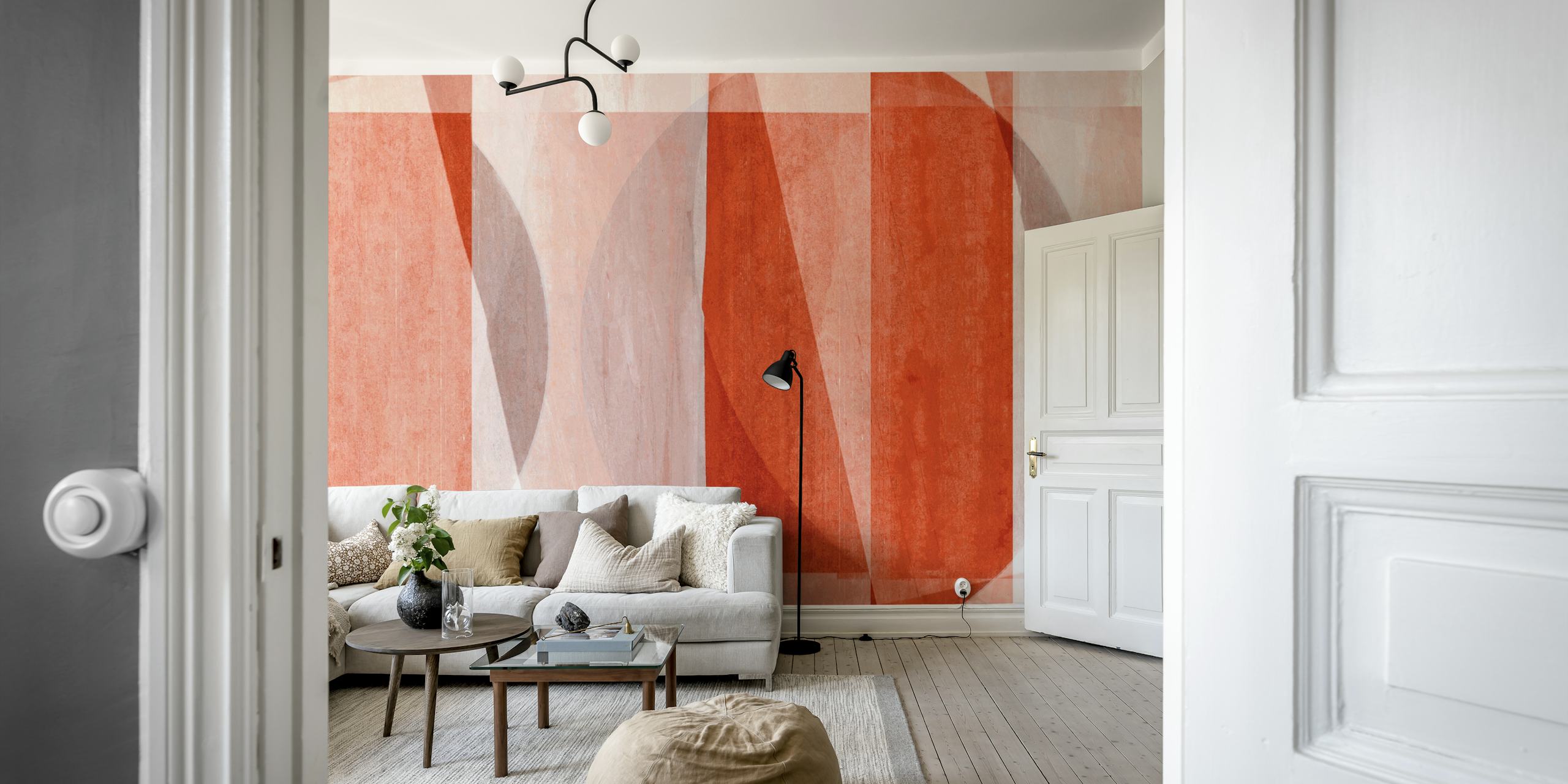 Warme Bauhaus Art geometrische muurschildering in rode tinten