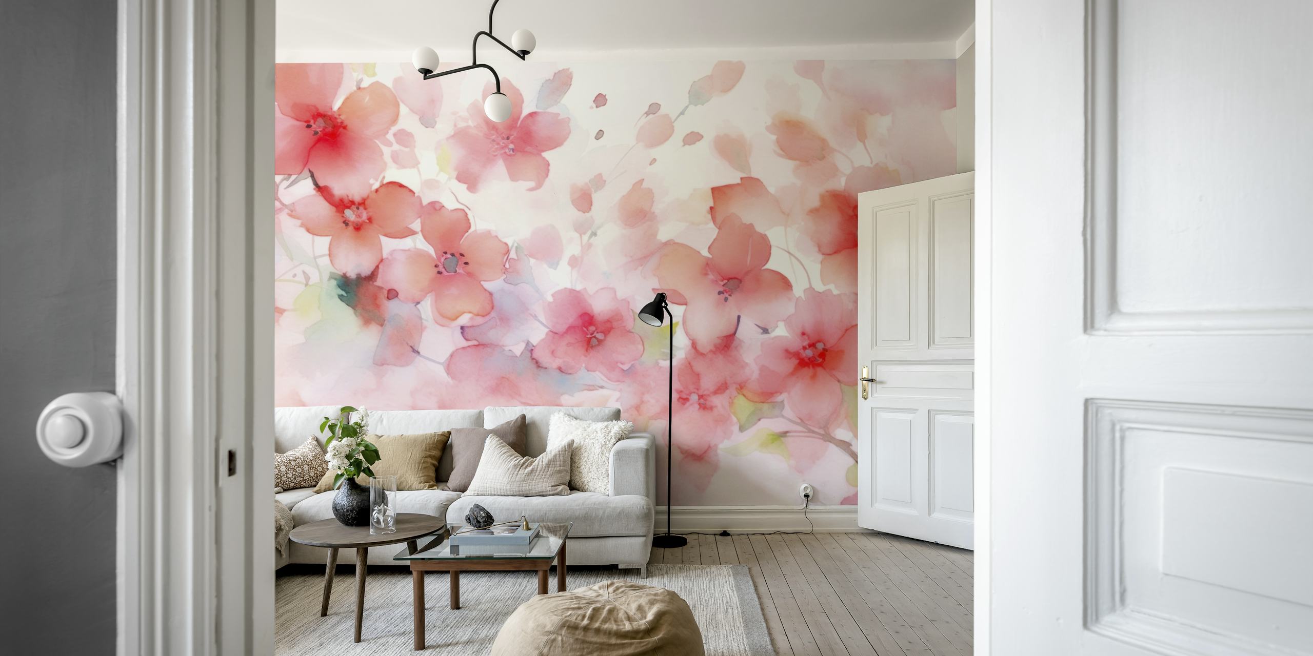 Pink watercolor cherry blossom floral wallpaper
