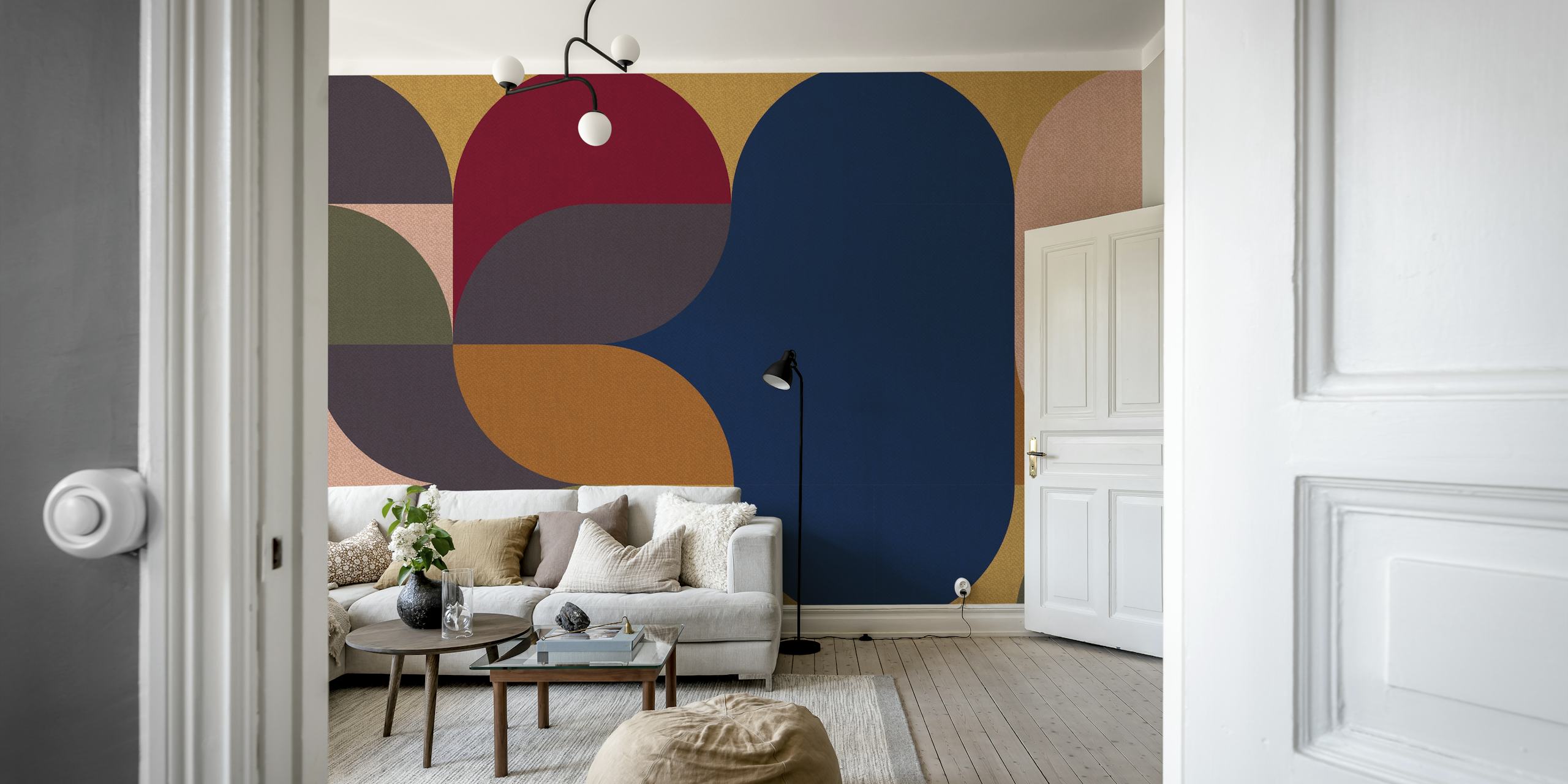 Abstrakcyjna lniana fototapeta z kolażem w stylu retro z ziemistymi tonami i organicznymi kształtami.