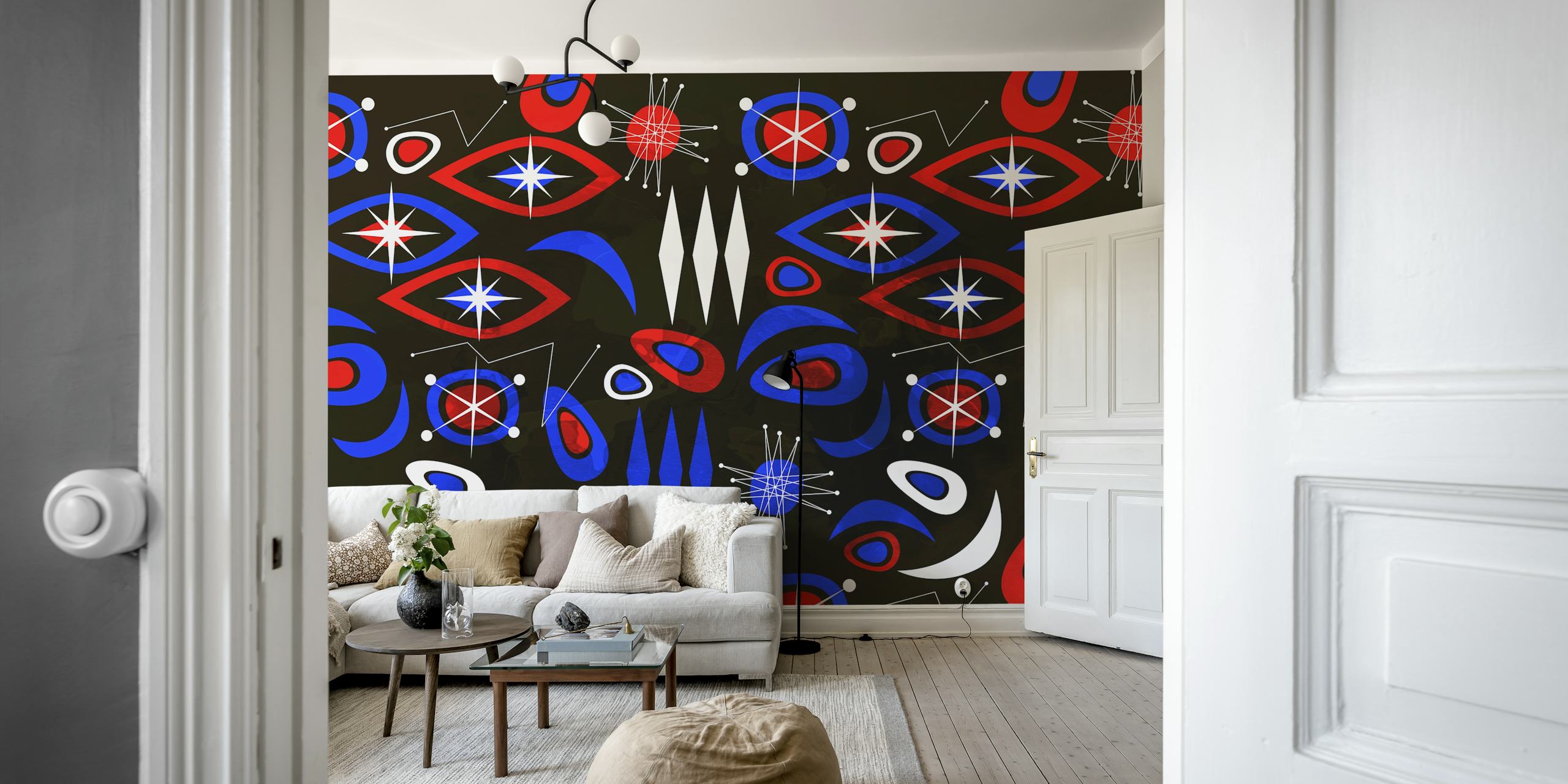 Mid century abstract geometric wallpaper in red, blue, and white