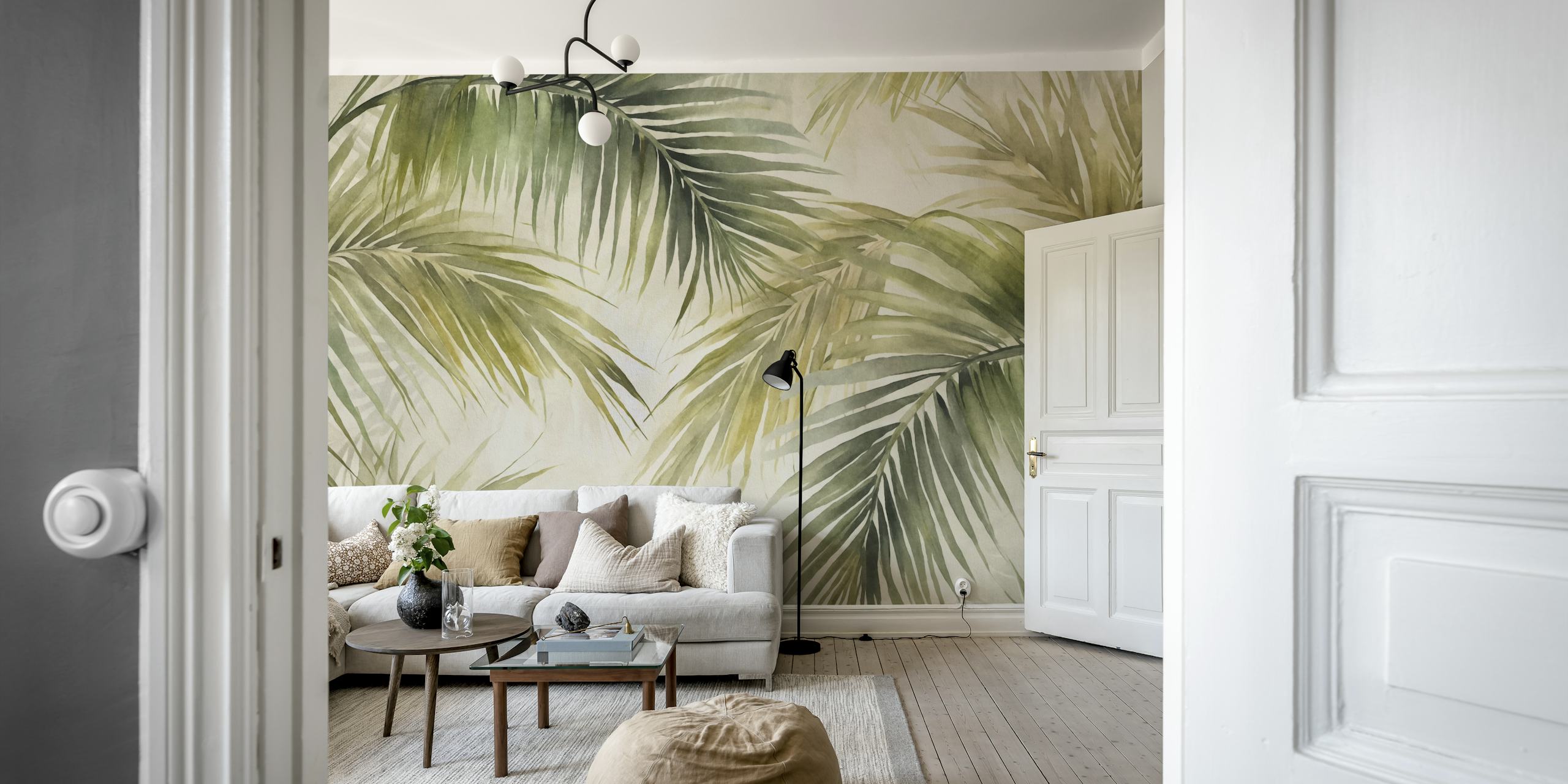 Tropical Island Palm Leaves Watercolor Green τοίχος με πλούσια βλάστηση