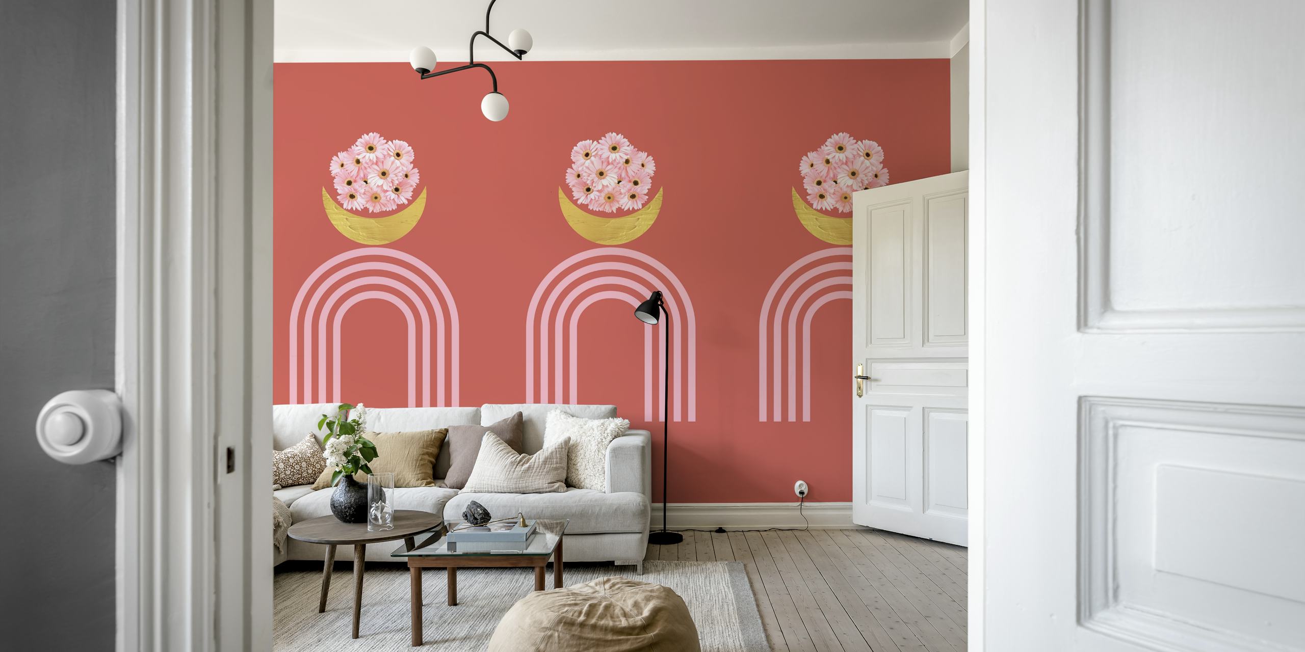 Pink daisy flowers in yellow bowls with rainbow arches wallpaper