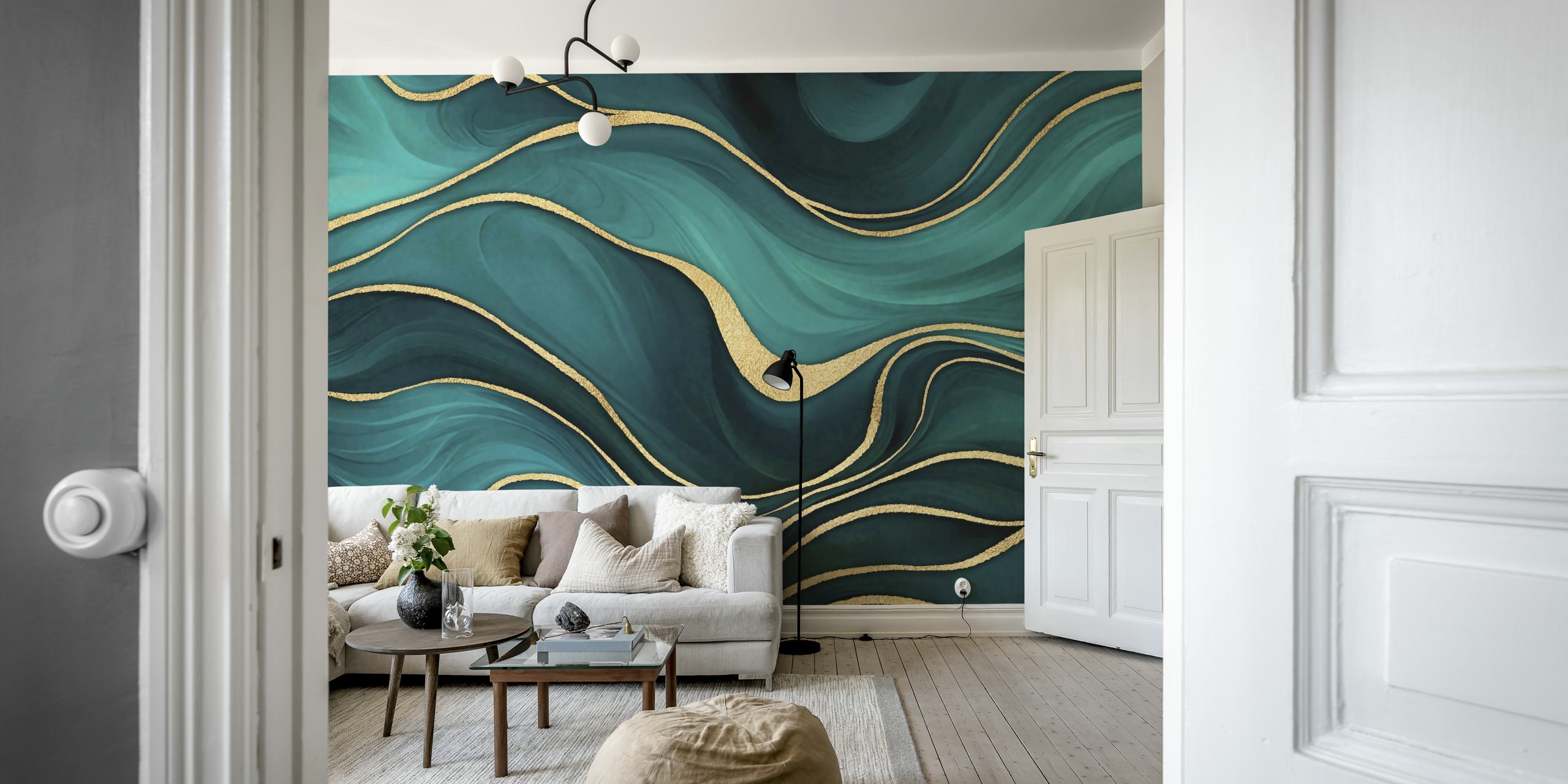 Luxury Marble Teal Turquoise behang weergegeven