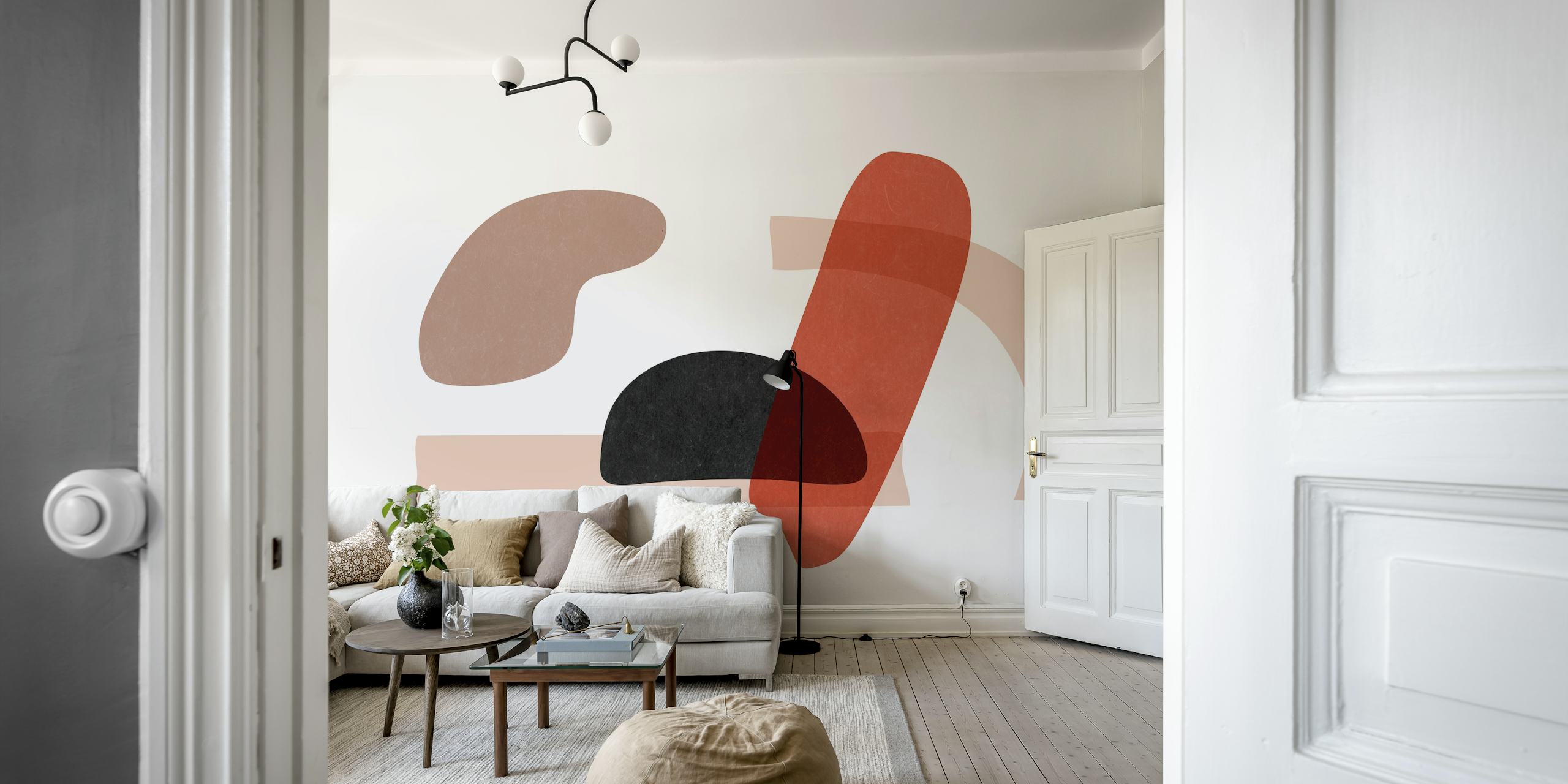 Abstracte, Japans geïnspireerde vormen in gedempte aardetinten muurschildering