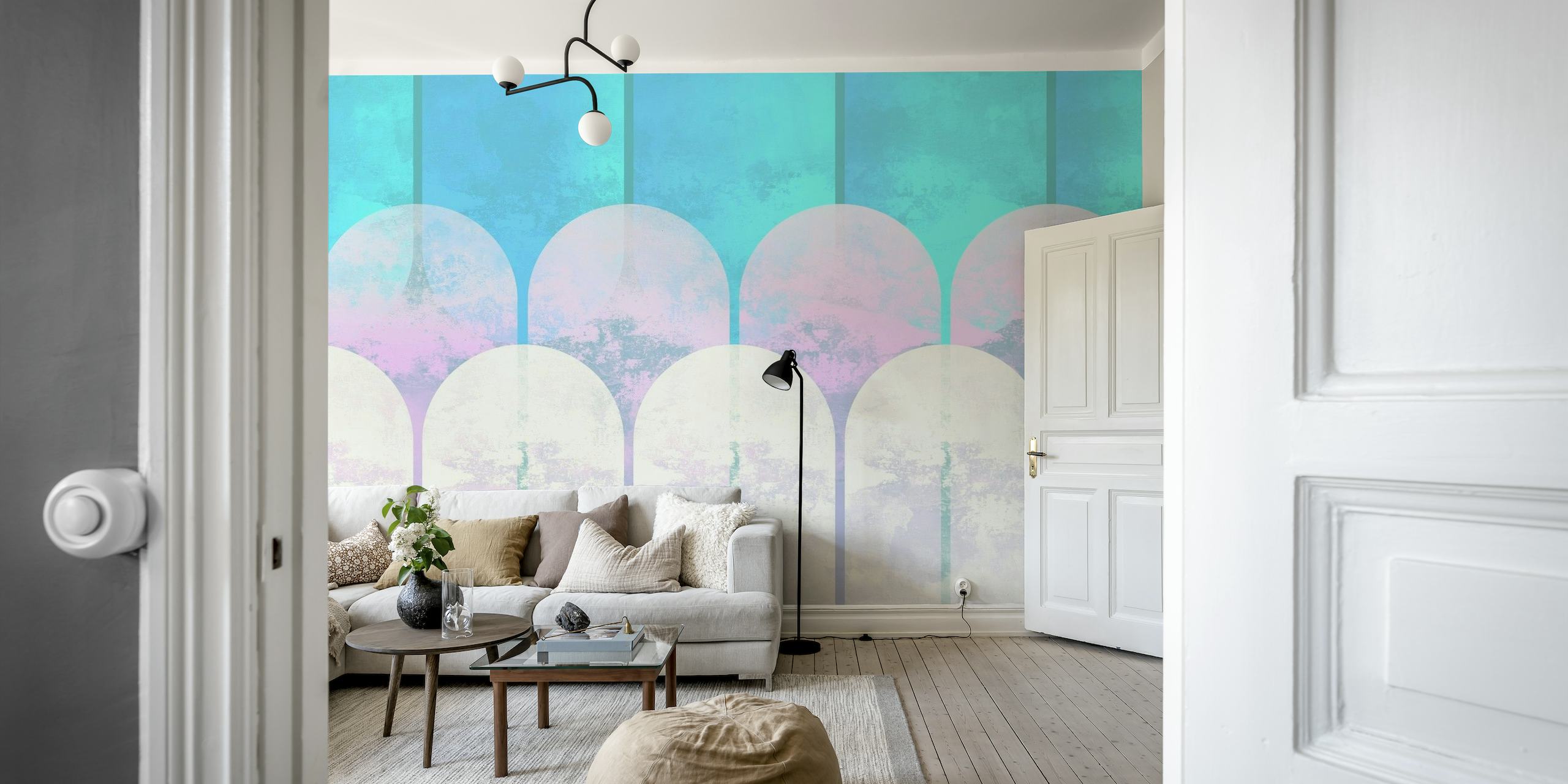 Mid-Century Bauhaus geometric mural with pastel arches