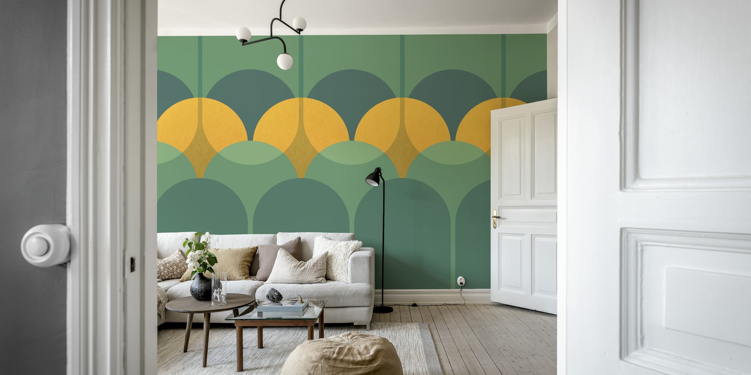Art Deco inspired wall mural featuring geometric arches in green and mustard tones