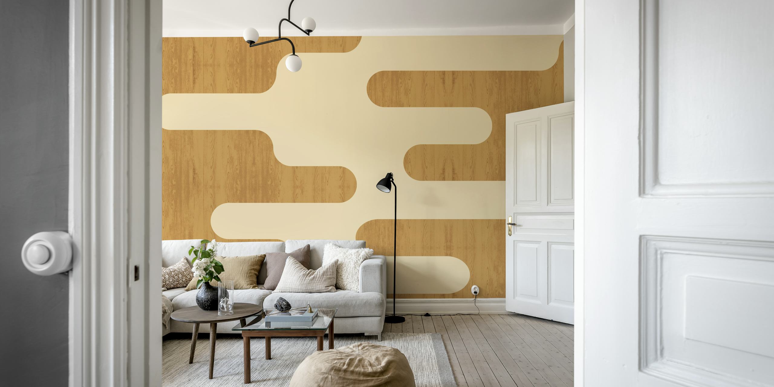 Mural de parede redondo de madeira de meados do século com formas abstratas de madeira