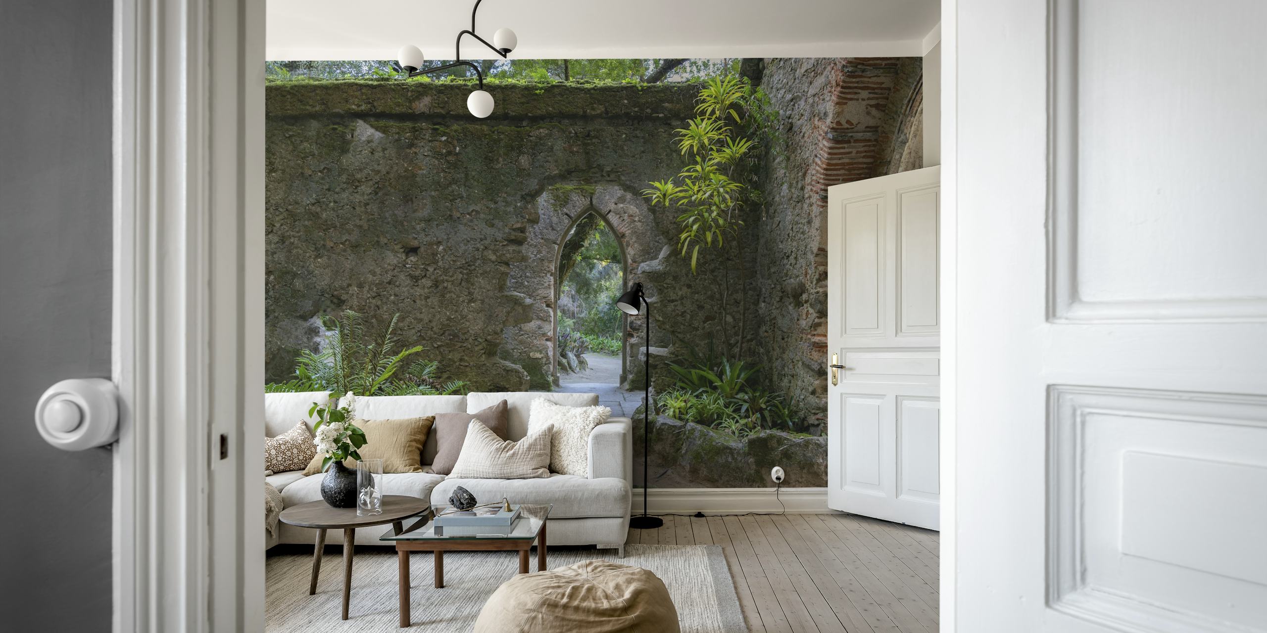 Ancient chapel overgrown with lush foliage wall mural