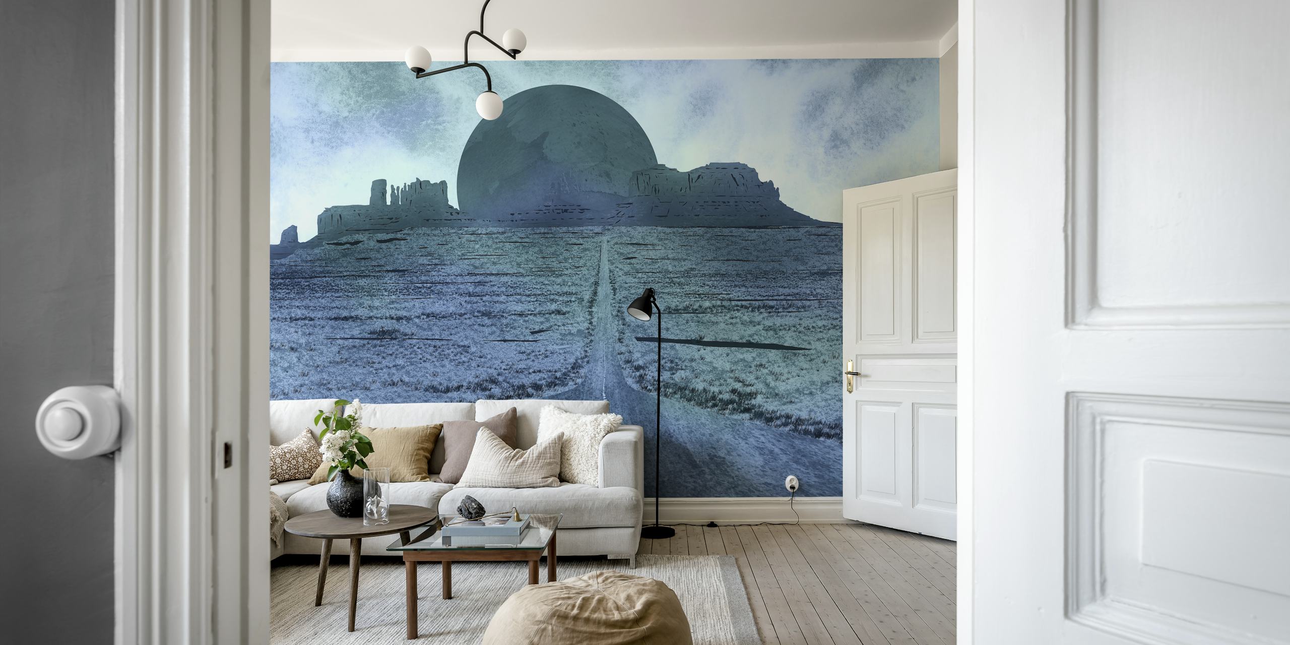 Blue Monument Valley wallpaper in a room