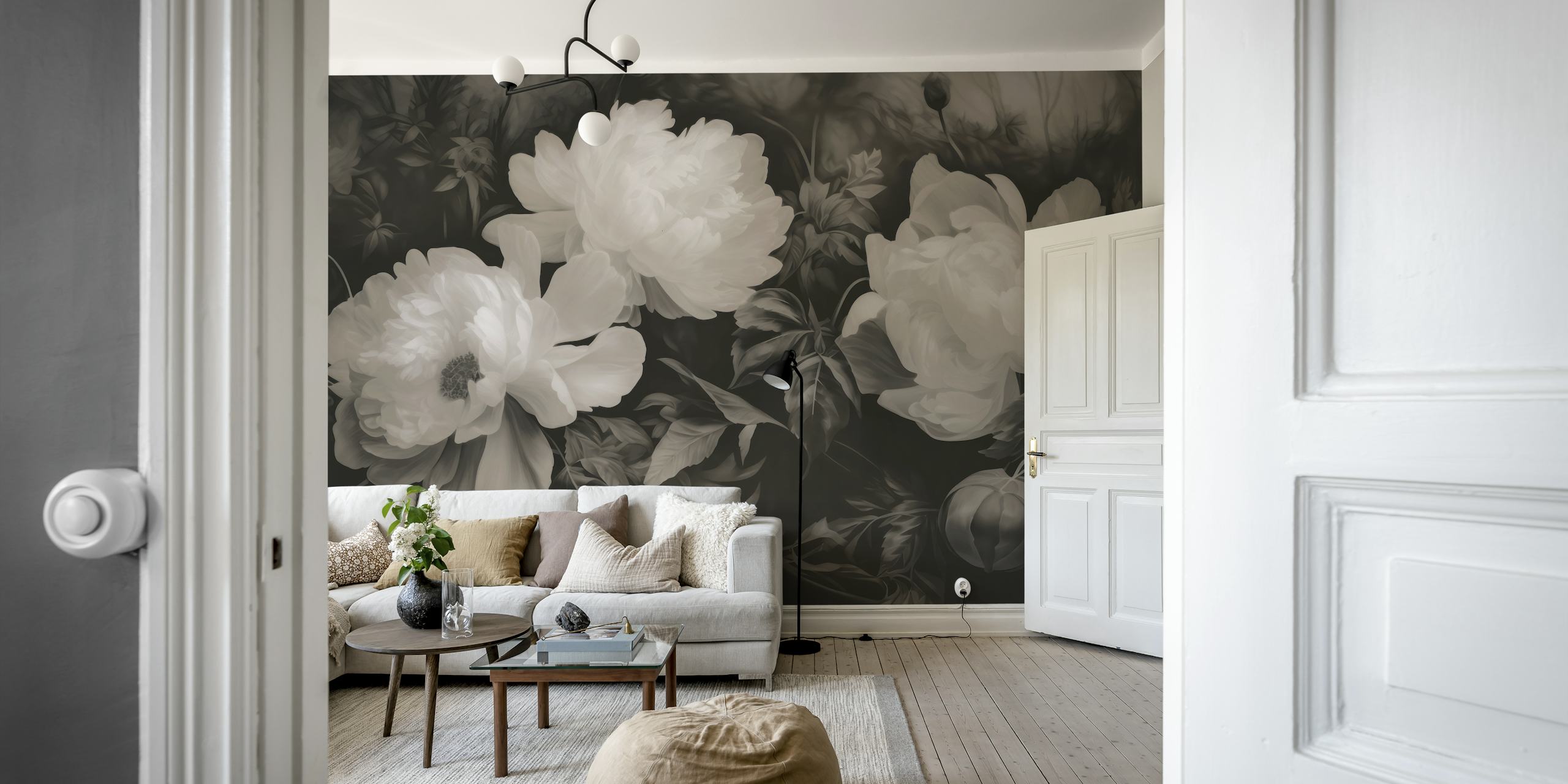 Moody botanical wallpaper with Baroque flowers