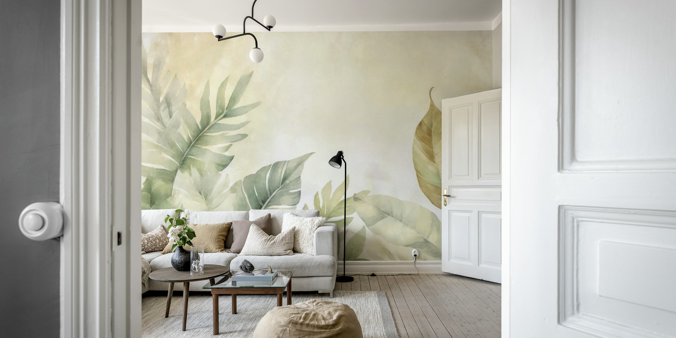Calm green watercolor leaves wallpaper in a room