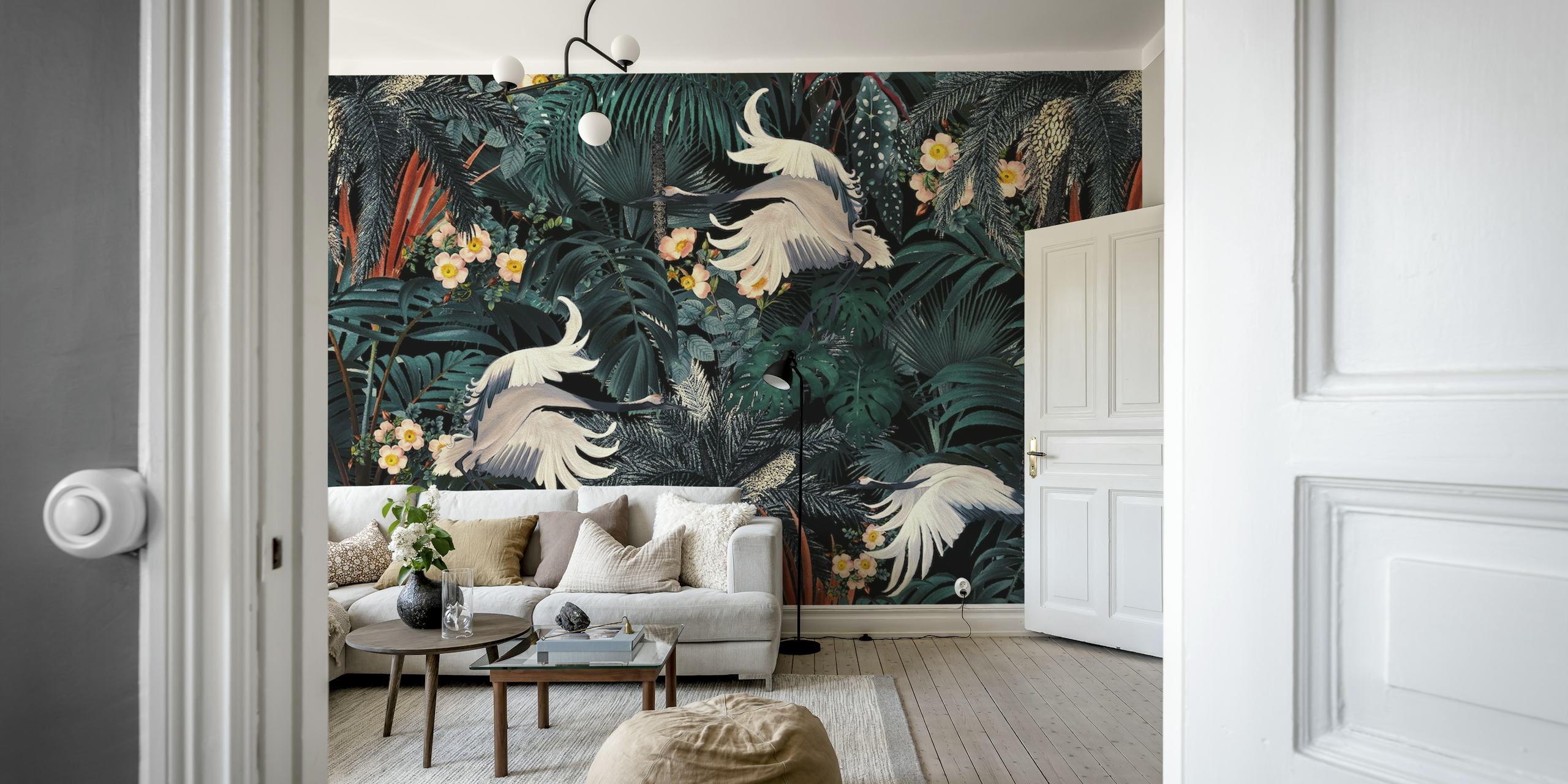 Papel pintado Bird Jungle en una habitación decorada