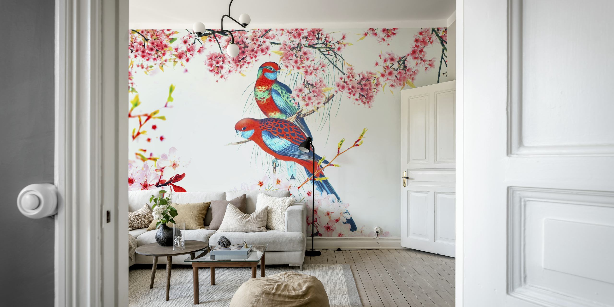 Colorful birds perched on pink cherry blossoms wallpaper