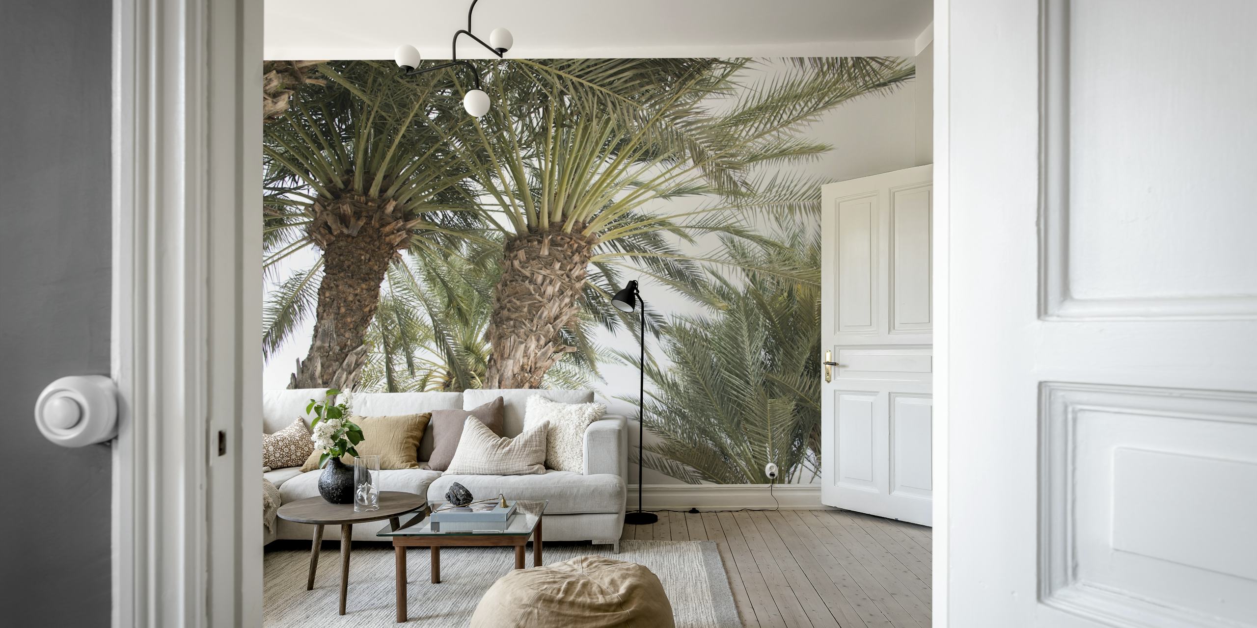 Caribbean Palm Trees Wall Mural depicting towering palm trees against a serene sky.