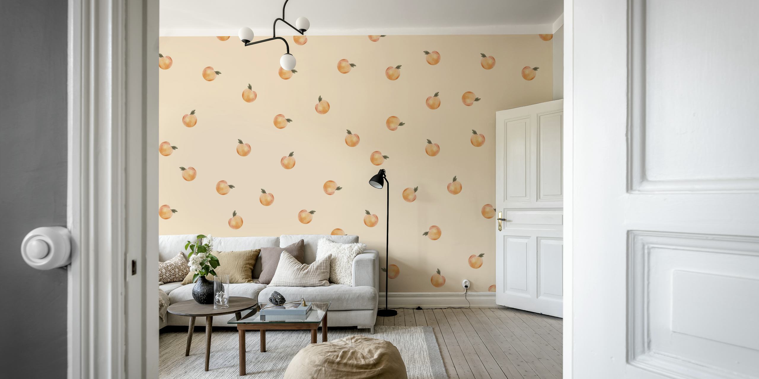 Peach fruit pattern on peach background wallpaper