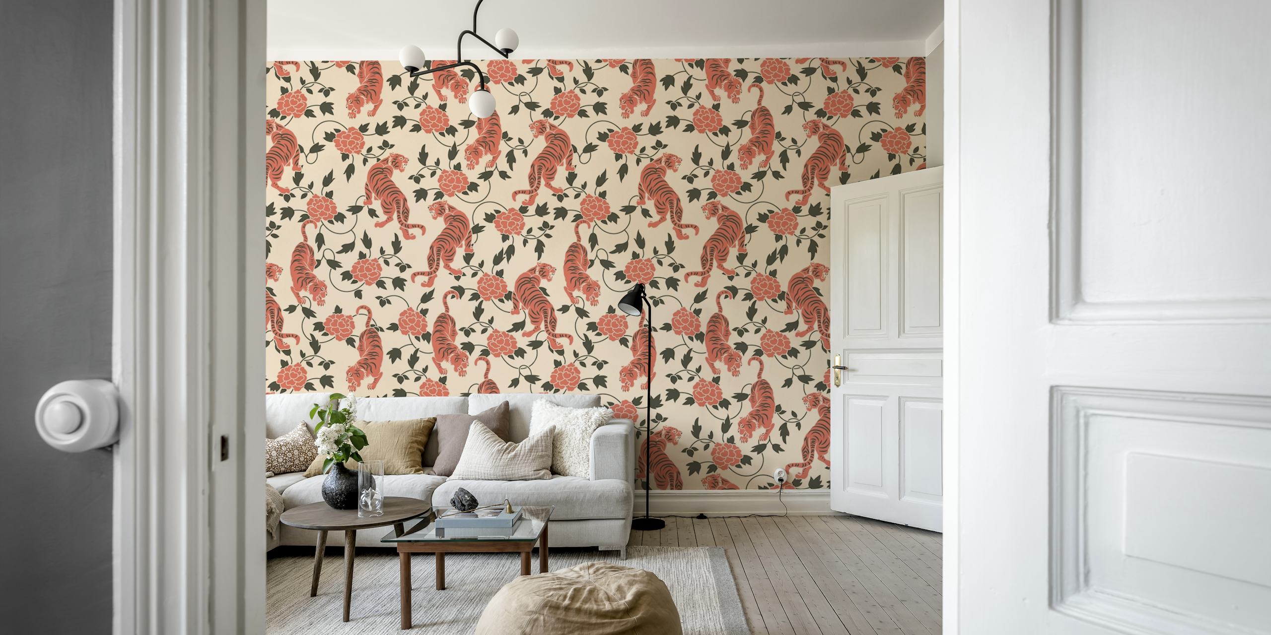 Vintage muurschildering in Chinese stijl met tijgers en bloemen op een romige achtergrond
