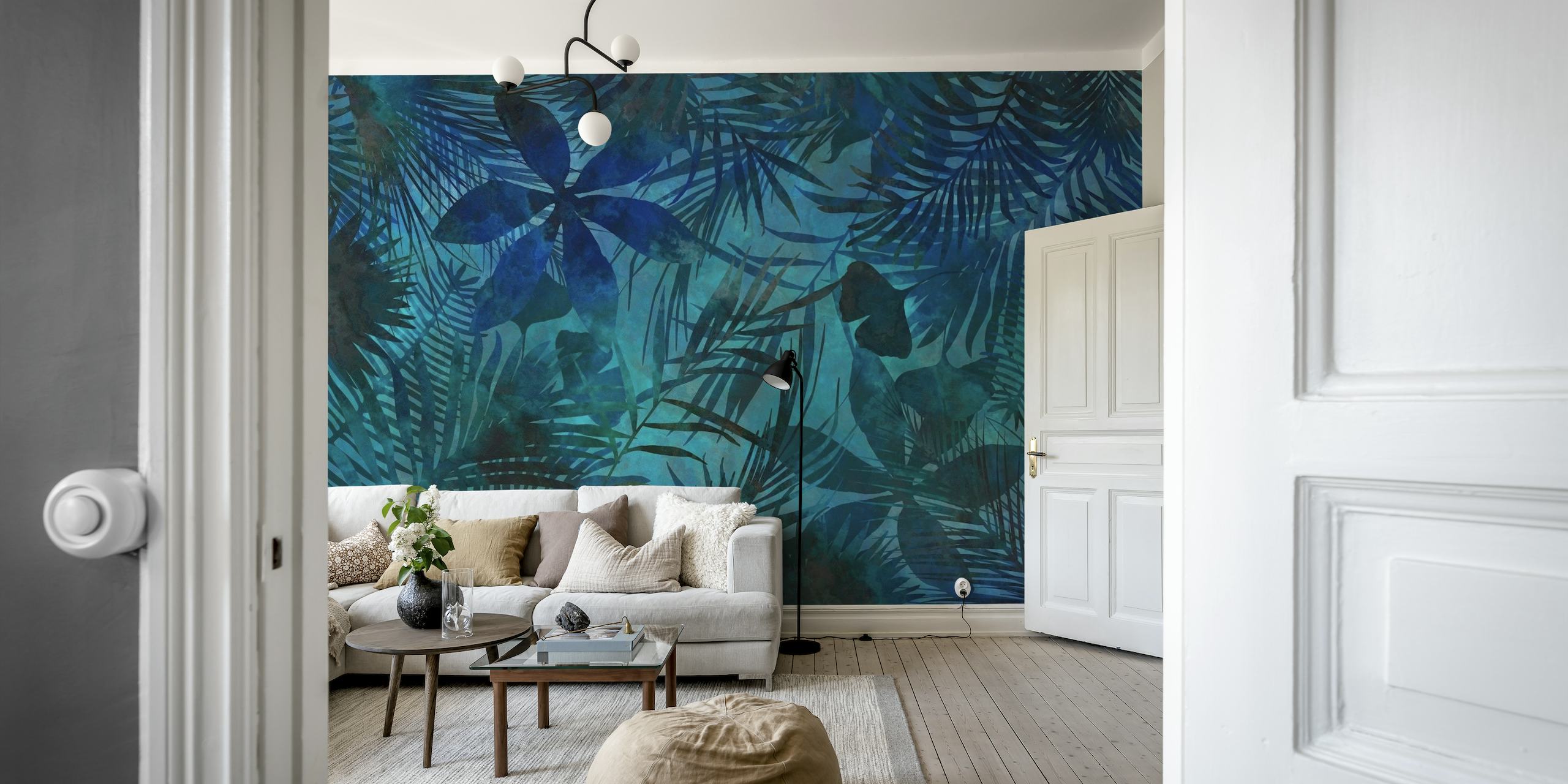 Intriguing Dark Blue and Teal Tropical Jungle Wallpaper