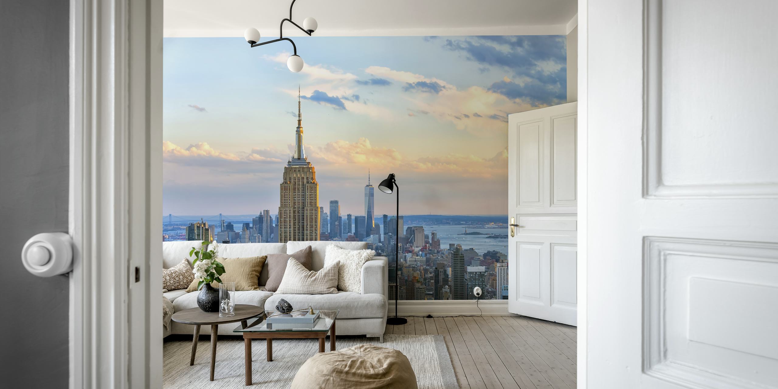 New York skyline wallpaper in a room