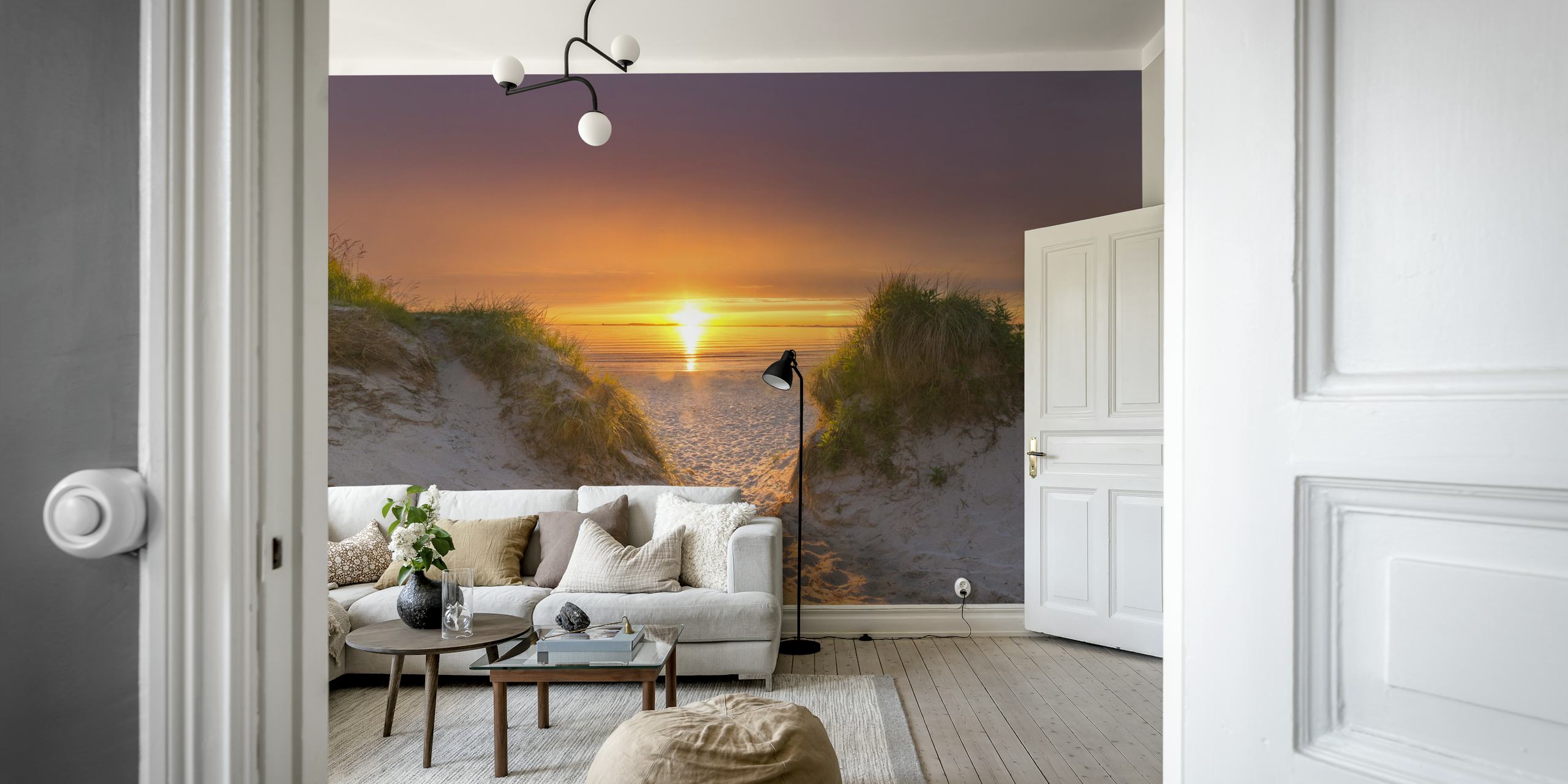 Sunset beach wall mural with sandy pathway leading through dunes to the sea