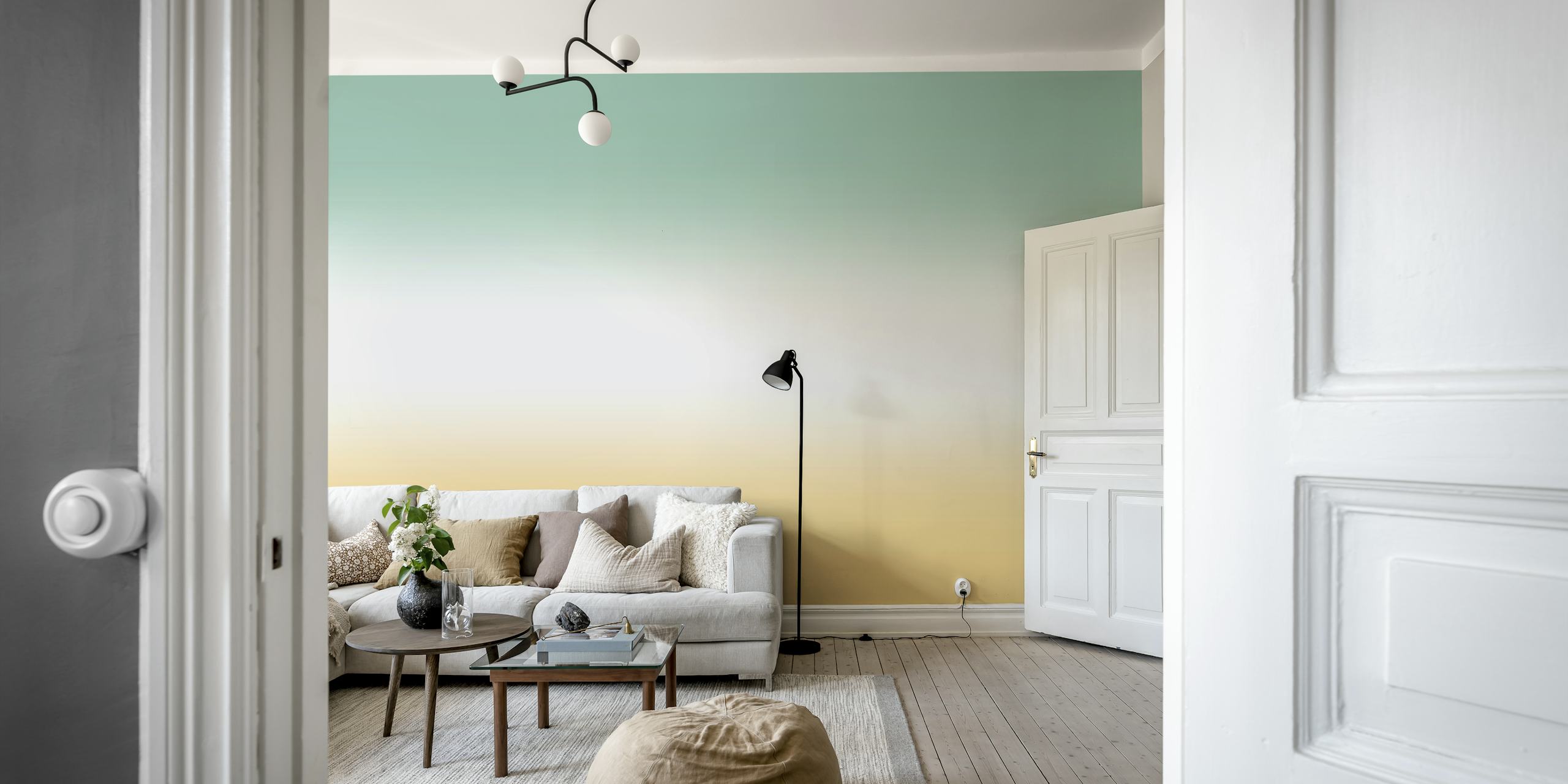Green ochre gradient wallpaper in a room