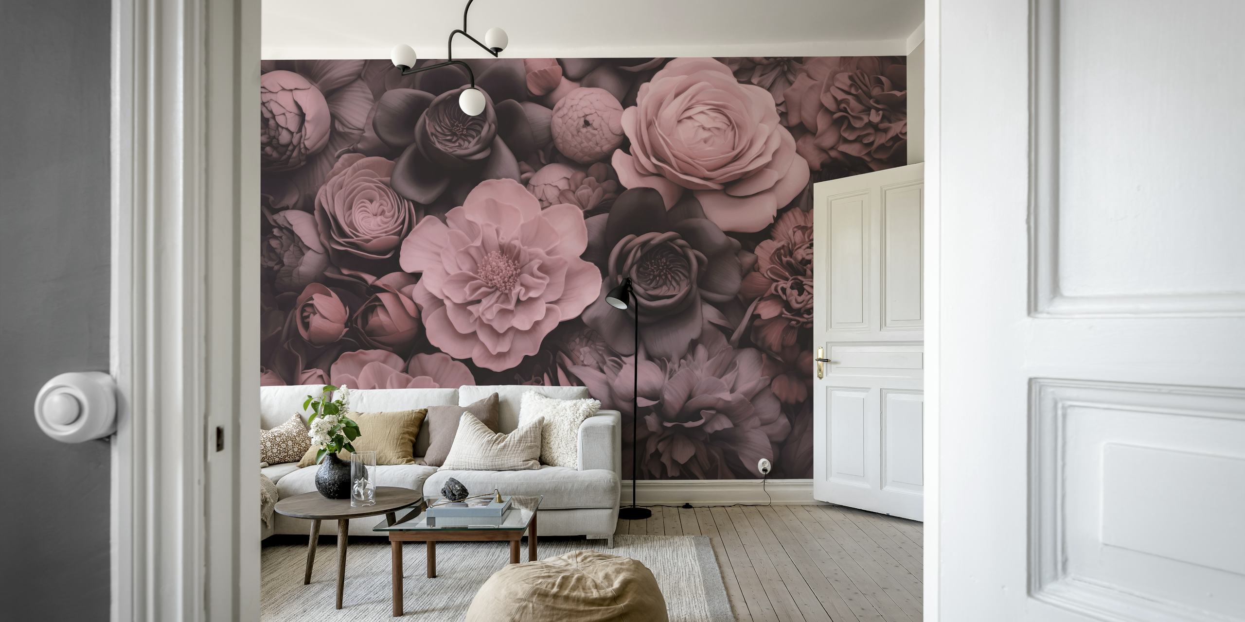 Opulent Baroque Flowers wall mural with a dusty pink moody botanical art design