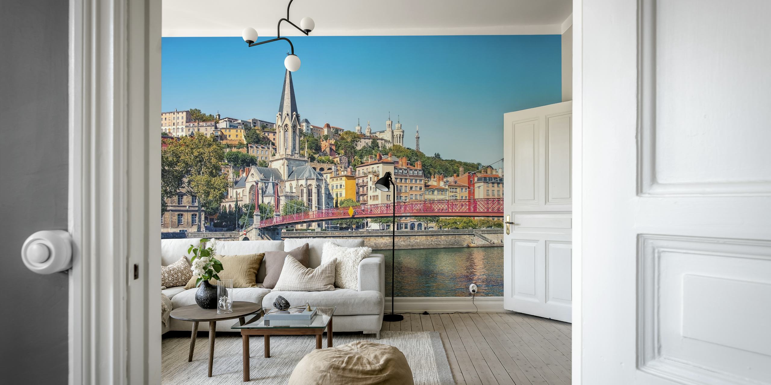 City of Lyon wallpaper showcasing colorful buildings and a bridge over water