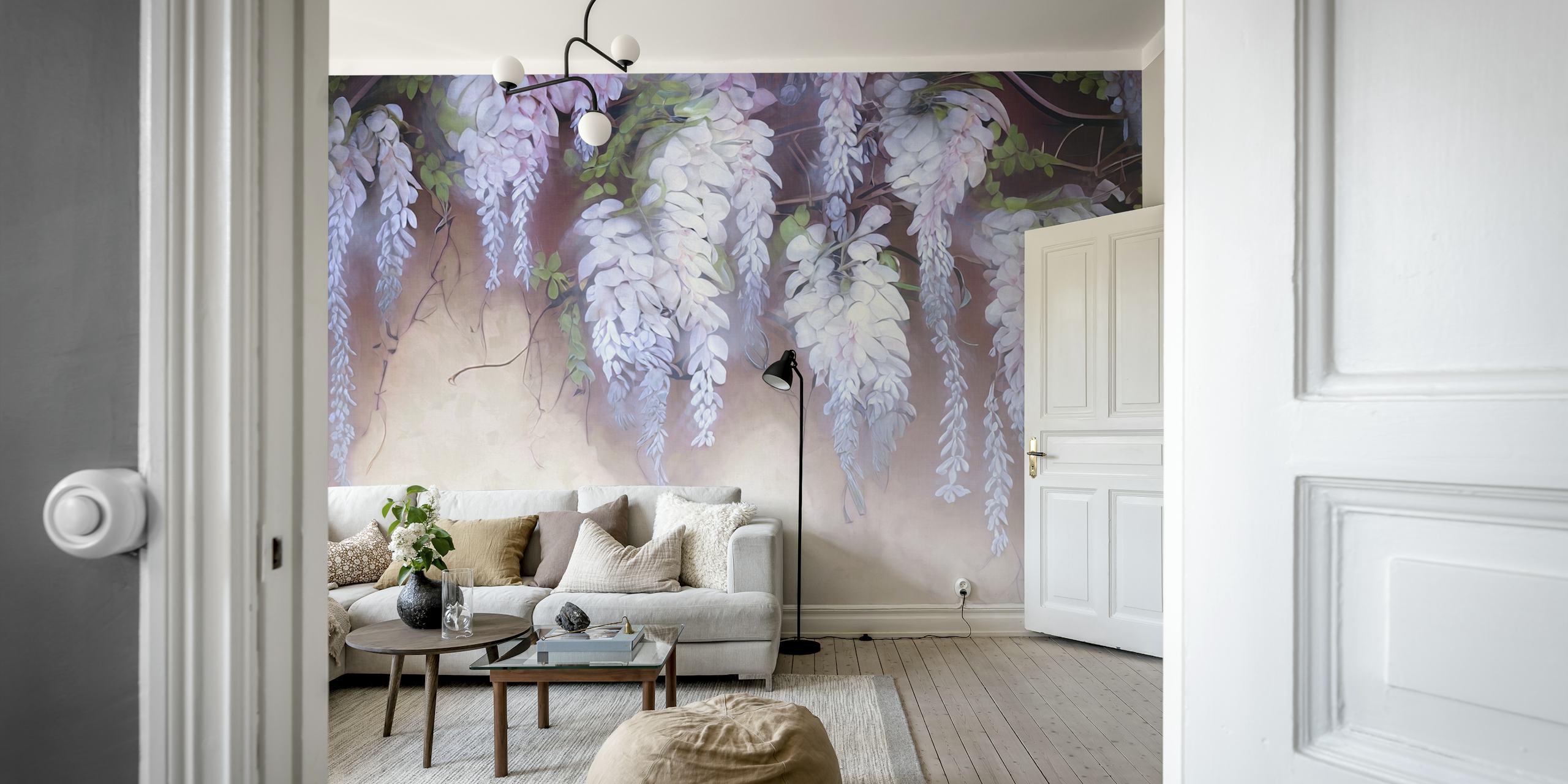 Wisteria flowers in lilac and white on a soft background wallpaper