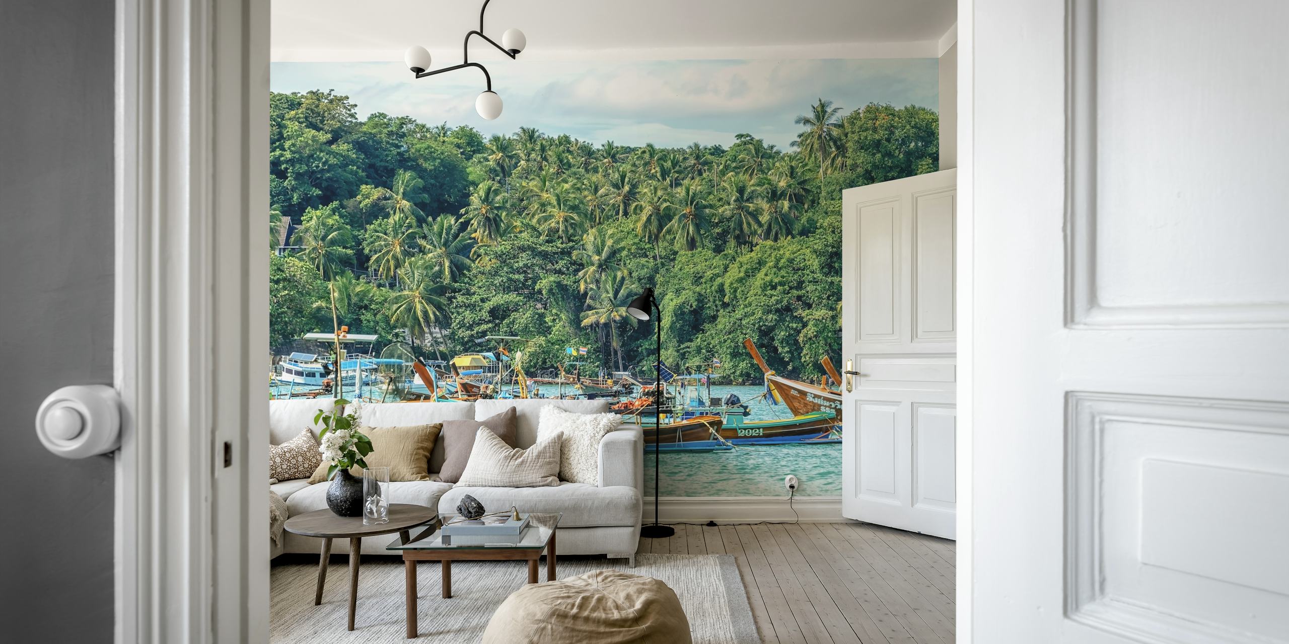 Tropical beach scene with colorful boats and palm trees wallpaper