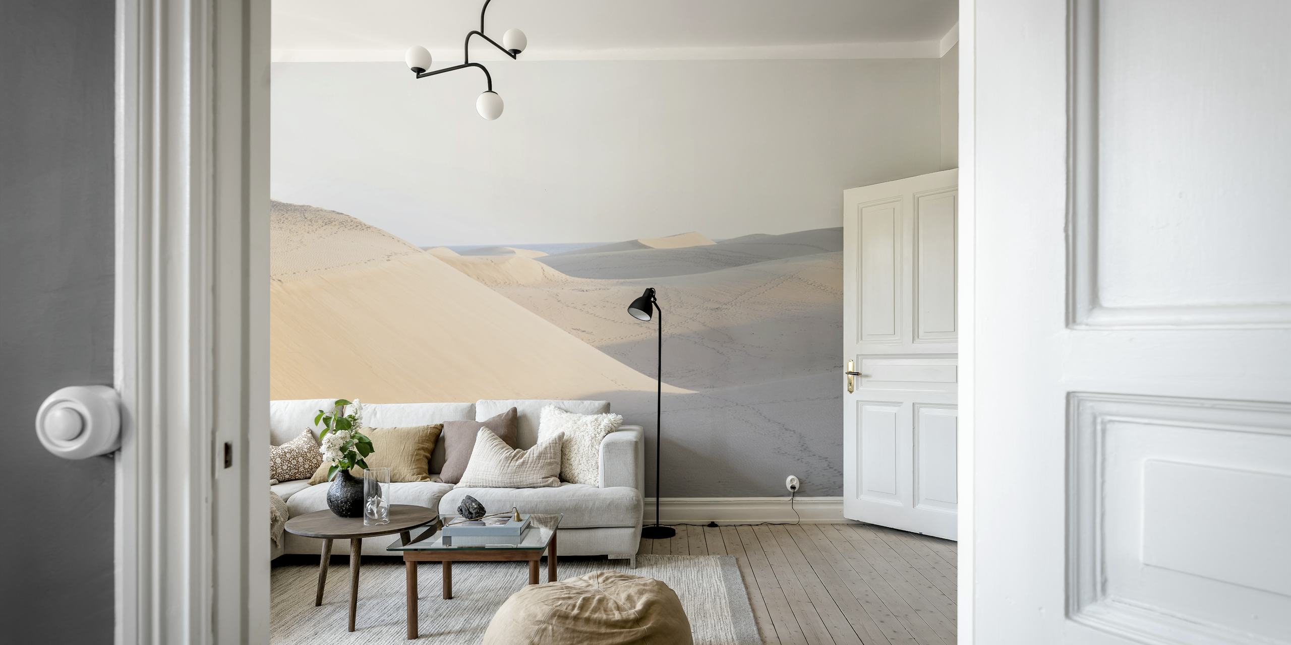 Tranquil desert scene wall mural with soft dunes and subtle shading