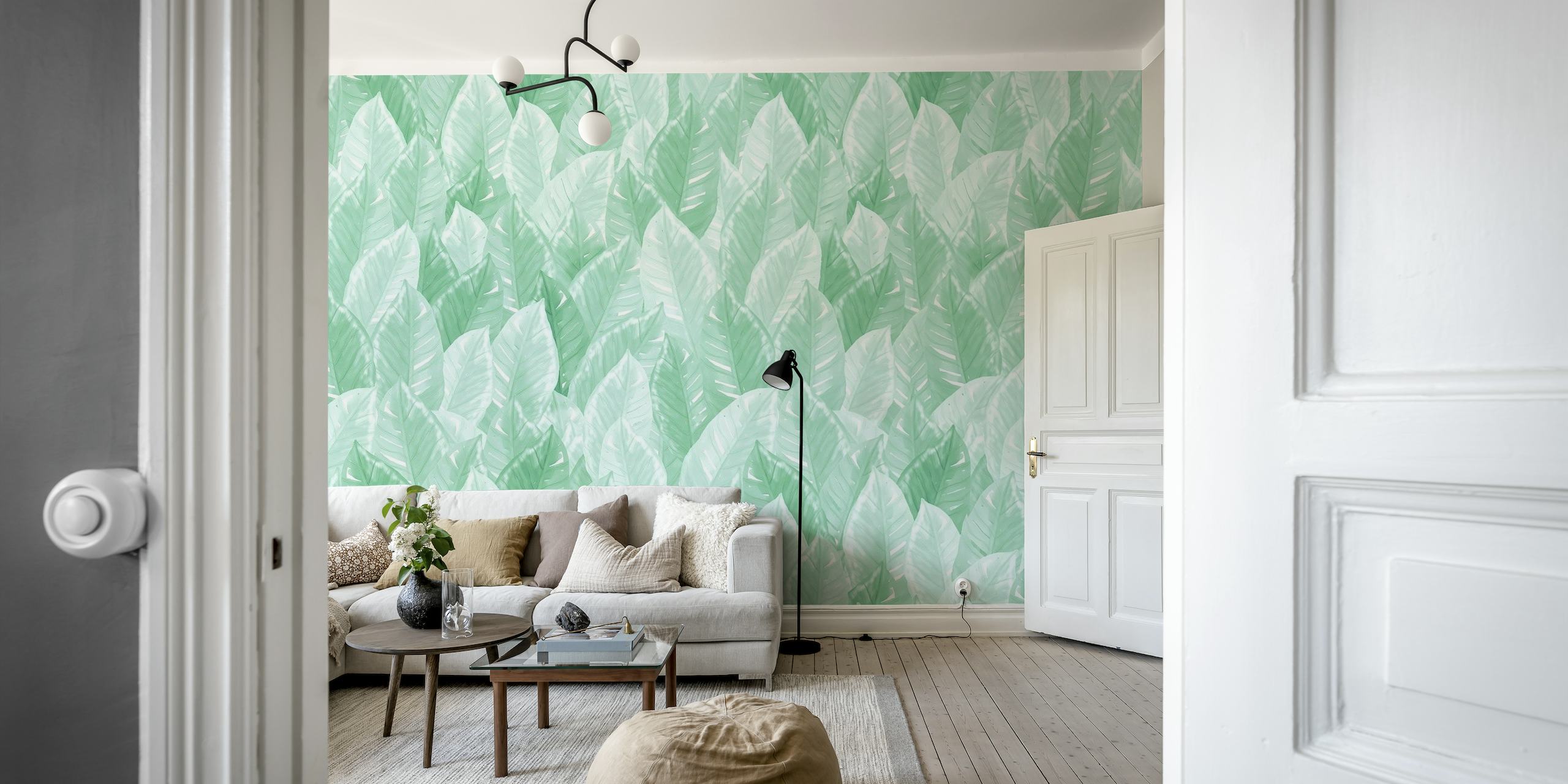 Watercolor green leaves wall mural for interior decoration