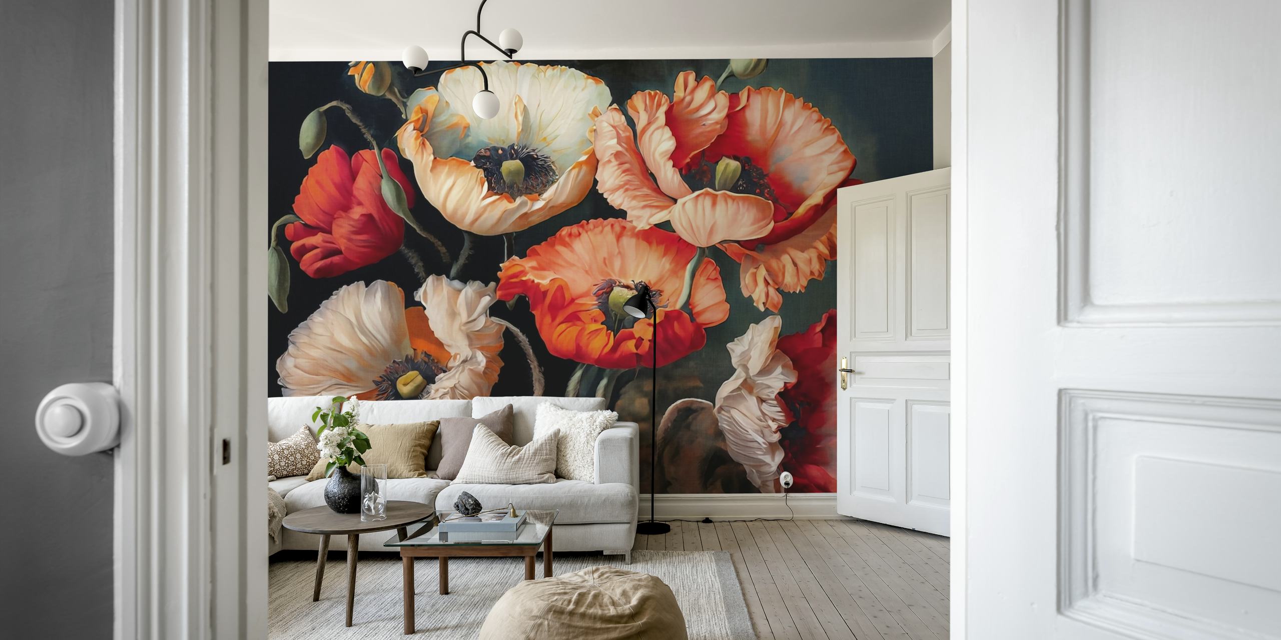 Vintage poppies in shades of red and white with green stems wallpaper