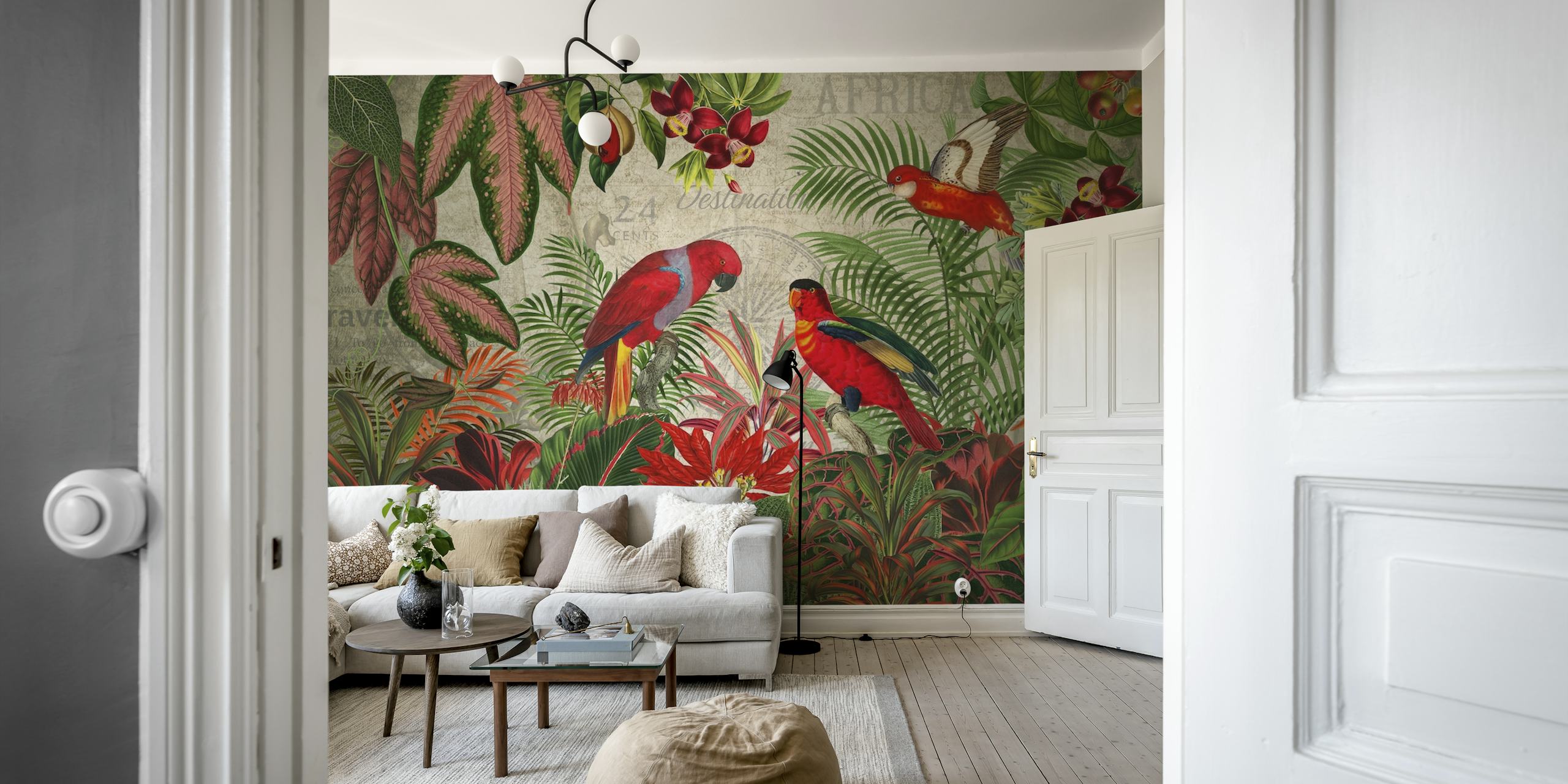 Vintage-style wall mural featuring a rainforest scene with red tropical flowers and colorful parrots.