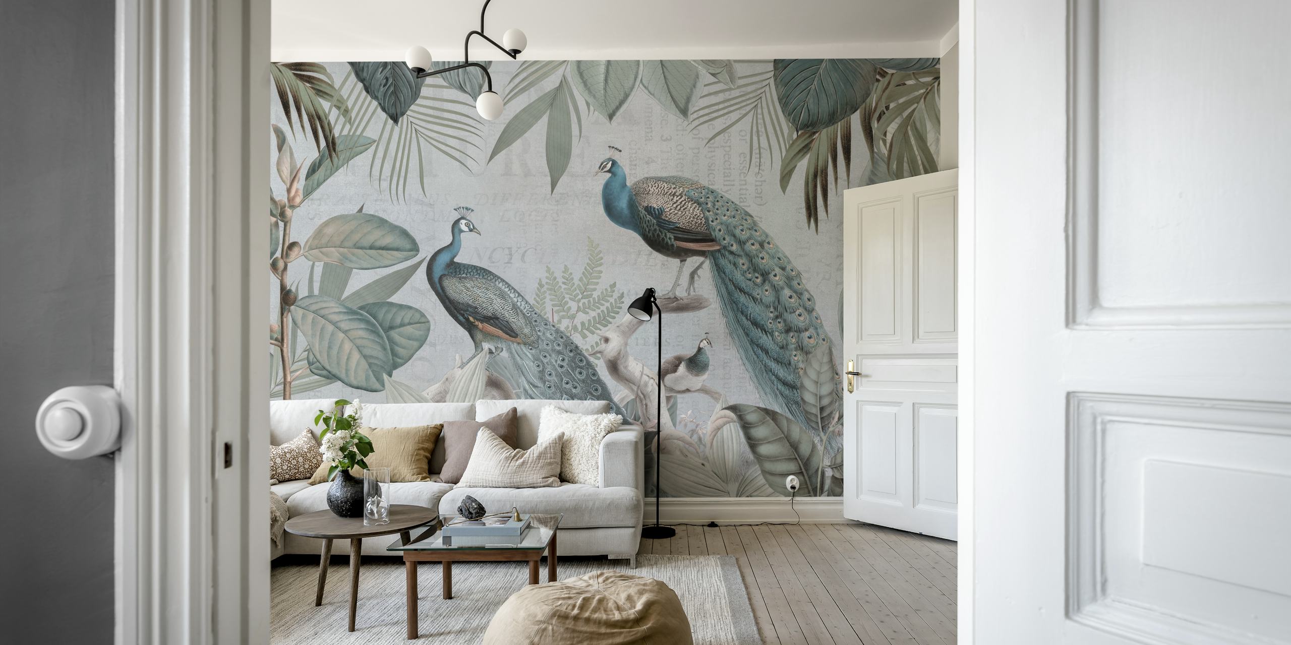 Majestic peafowls wallpaper in a room