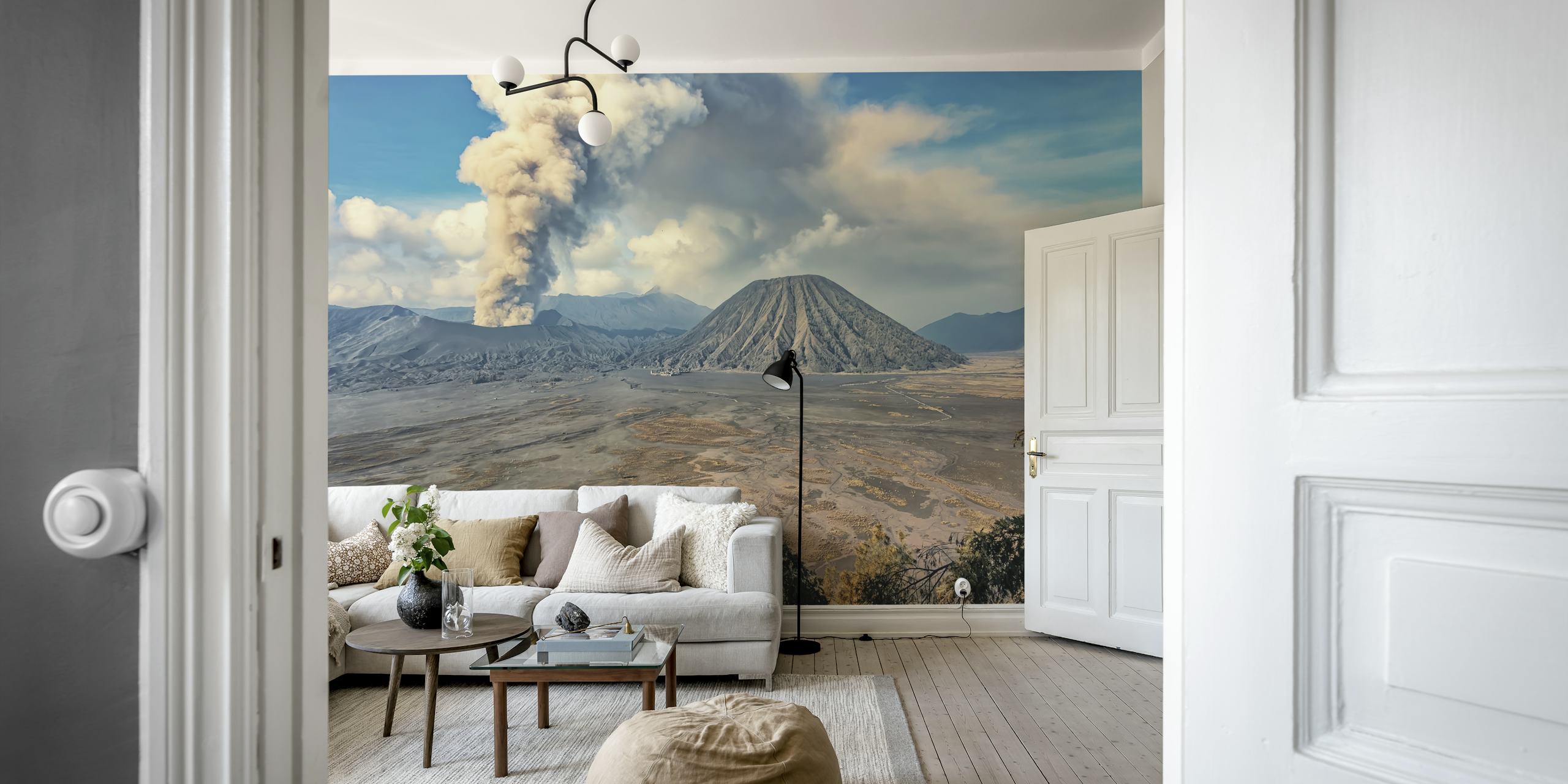 Volcanic landscape with Bromo Caldera in gray tones wallpaper