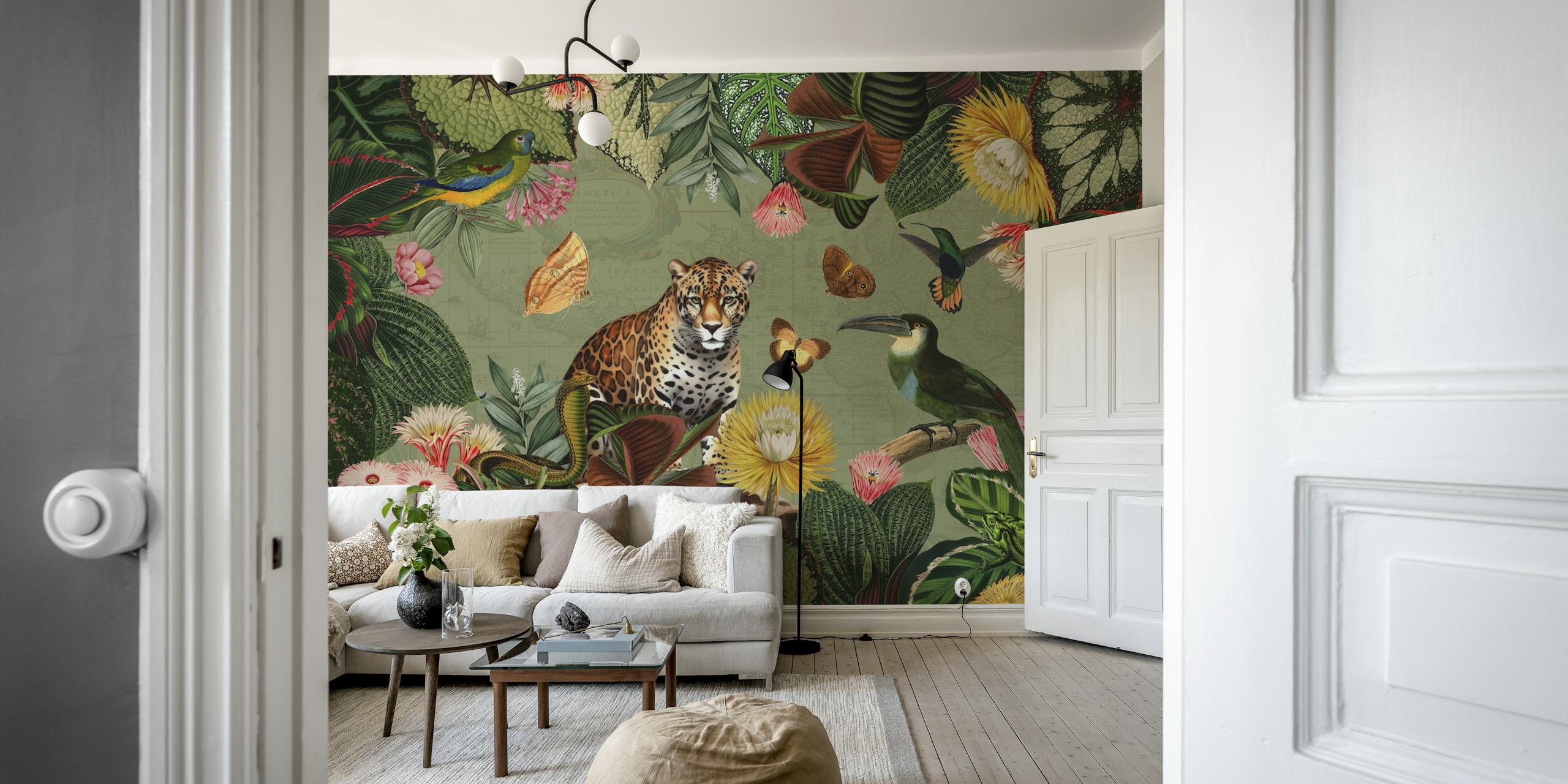 Tropical jungle scene with a leopard, toucan, and vibrant flowers, green wallpaper