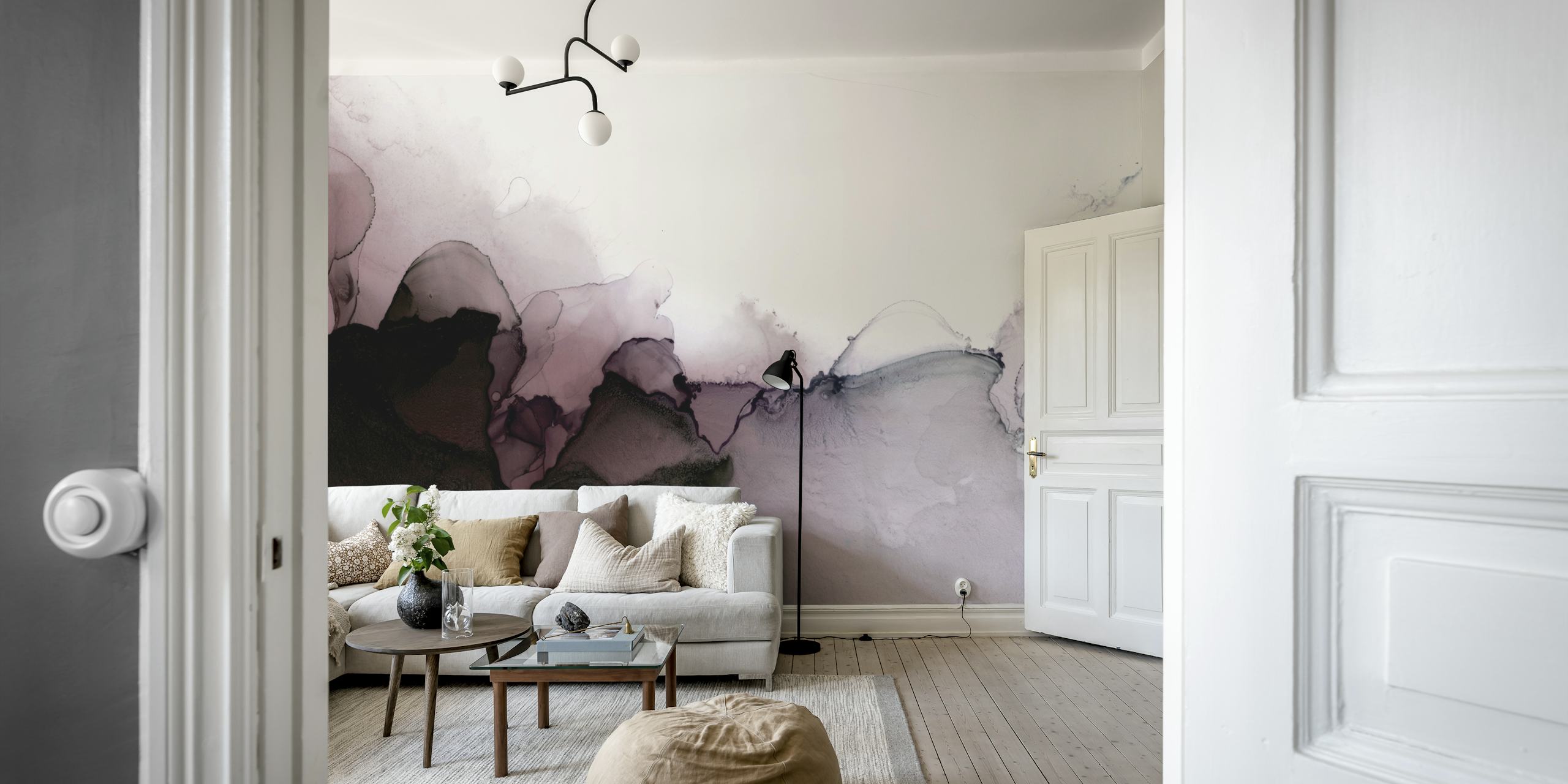 Elegant purple and grey abstract wall mural resembling flowing ink patterns