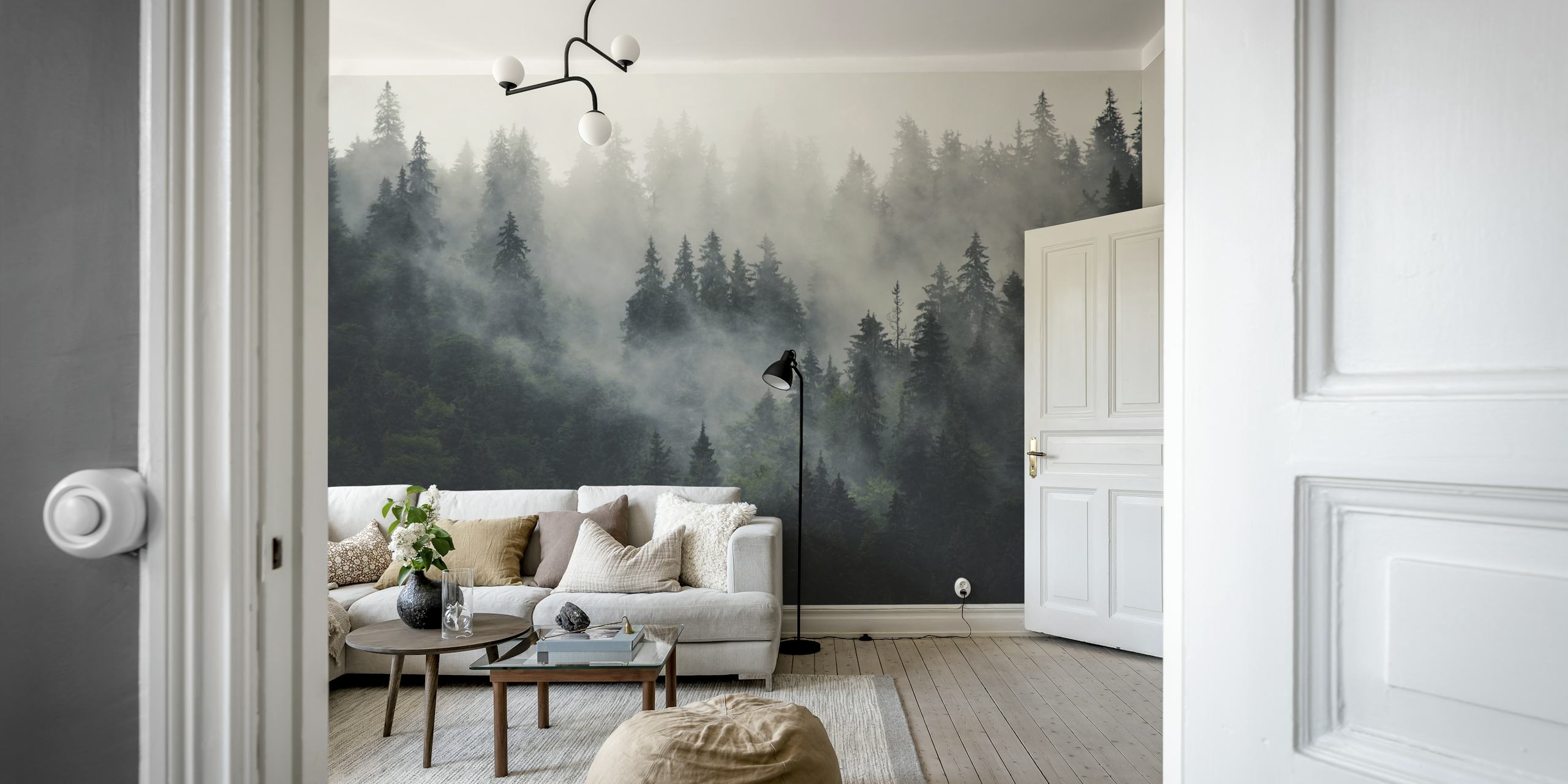 Misty forest beauty wallpaper in a room