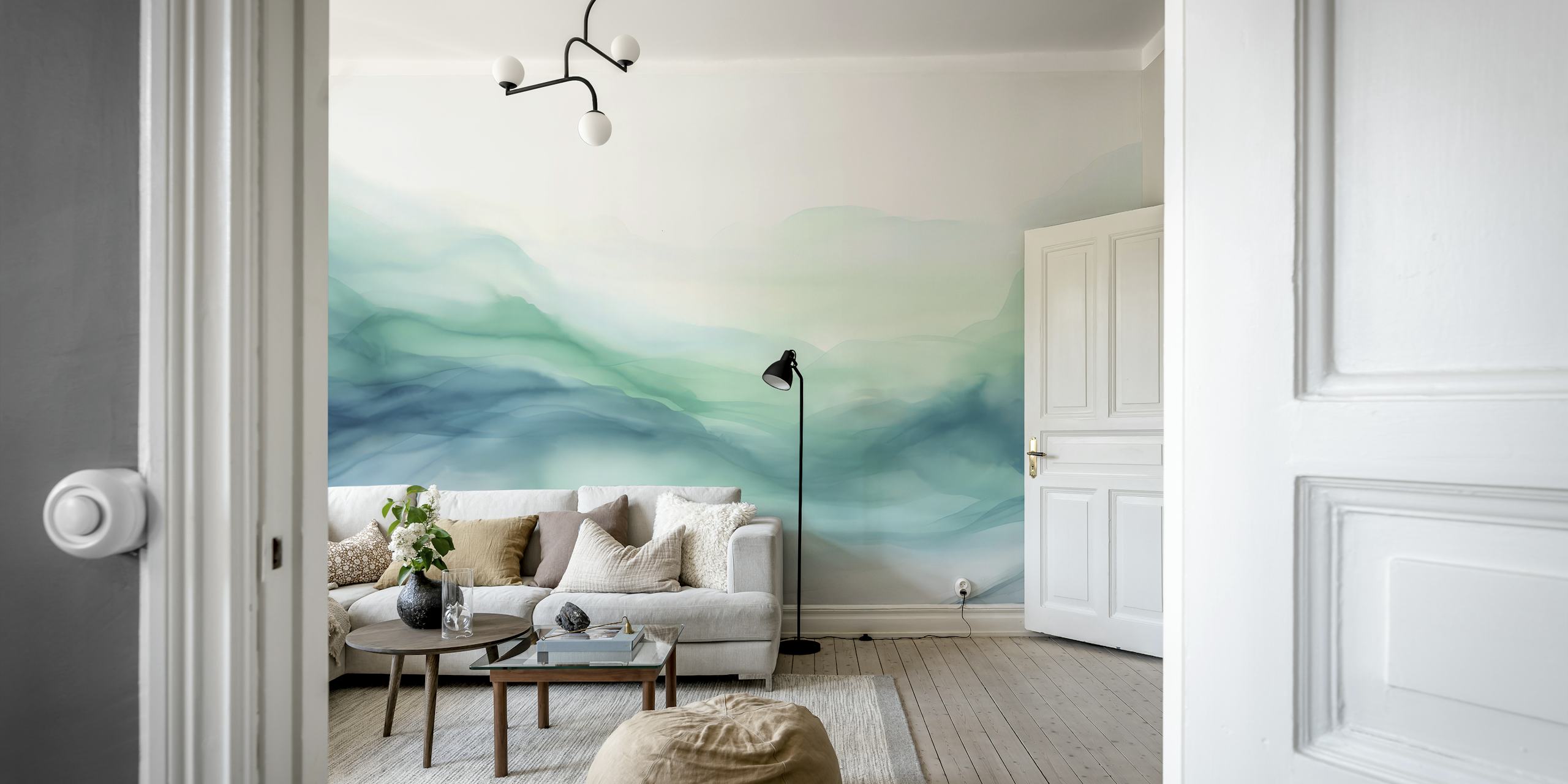 Soft blue and green layered watercolor hills wallpaper