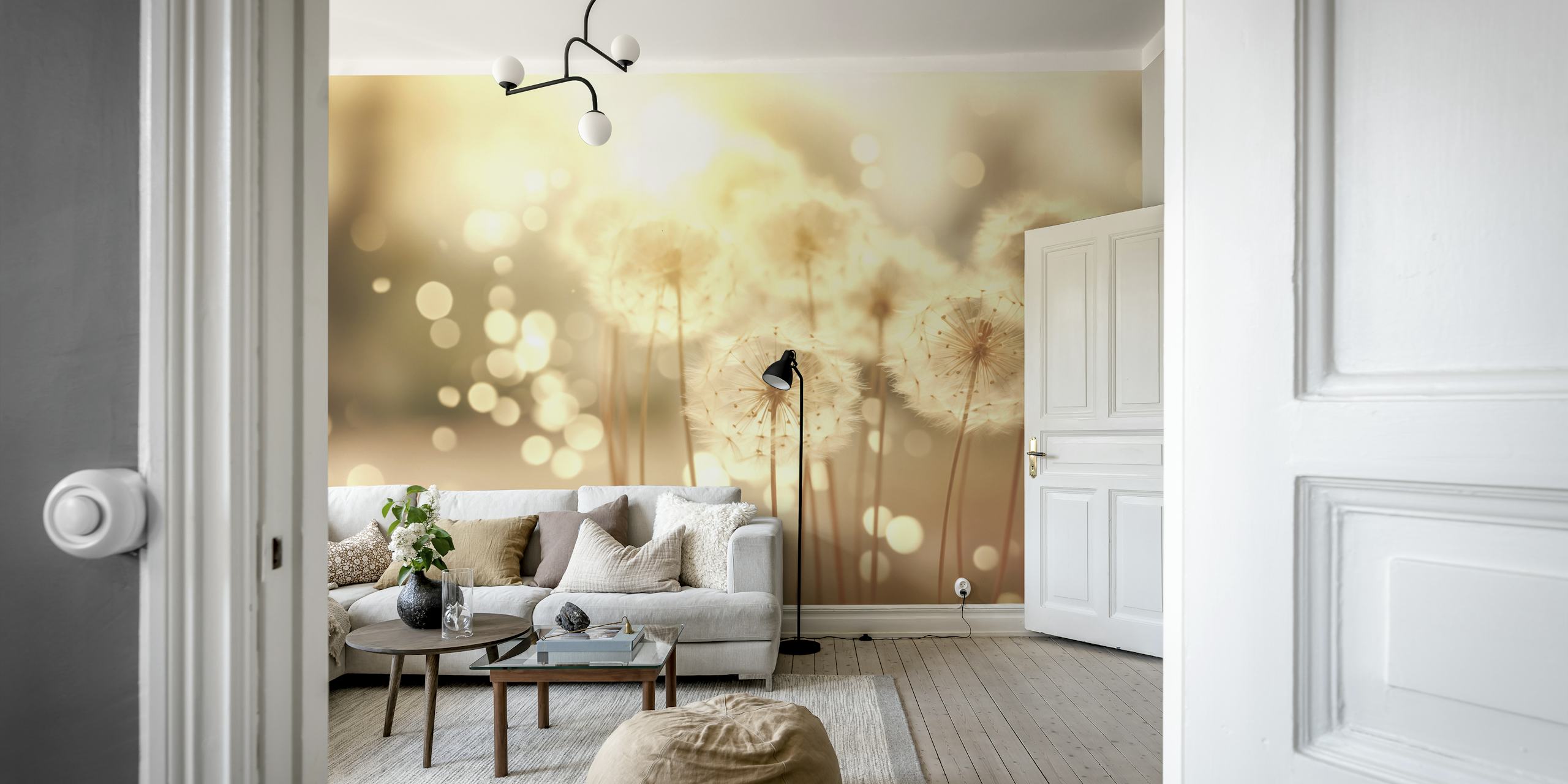 Dandelion floral wallpaper in soft neutral colors