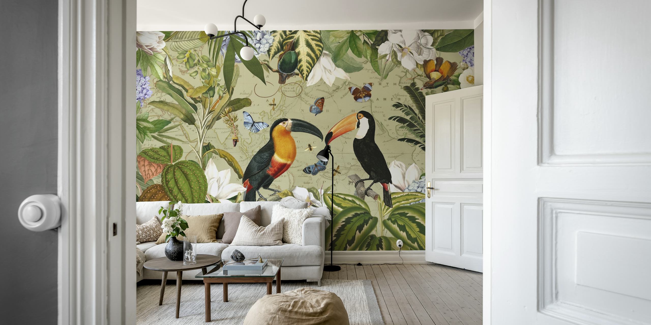 Carta da parati esotica Toucan Adventure con tucani colorati e fogliame tropicale