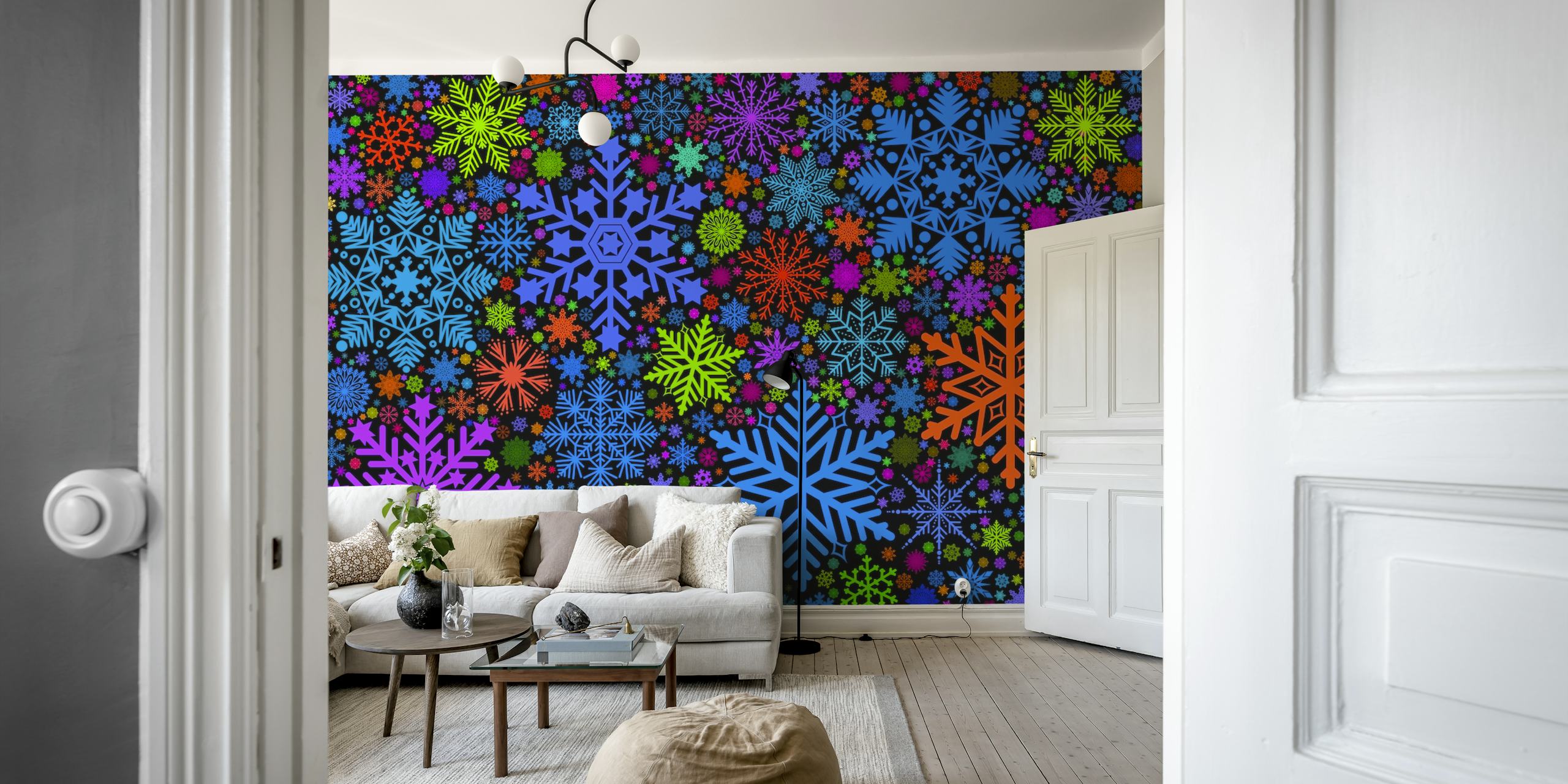 Wandbild mit farbenfrohem Schneeflockenmuster auf happywall.com