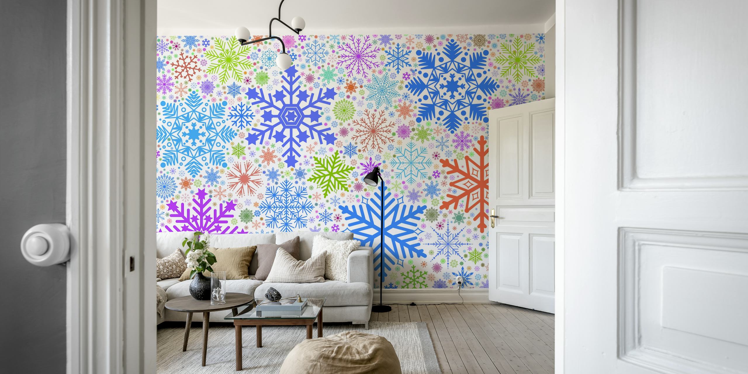 Colorful snowflake patterns in blue, orange, and purple on a white background wallpaper